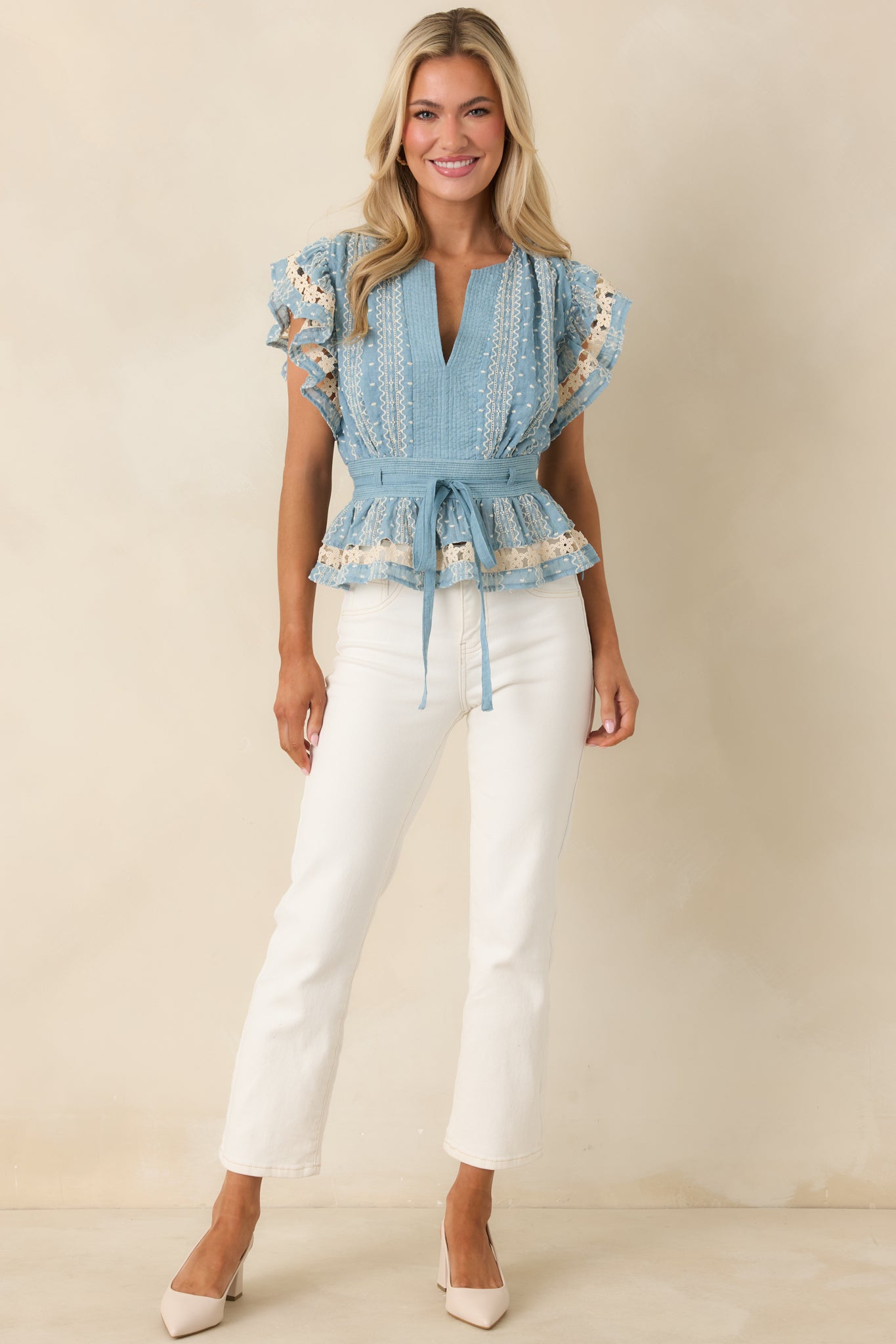 Soft Serenity Blue Flutter Sleeve Peplum Top