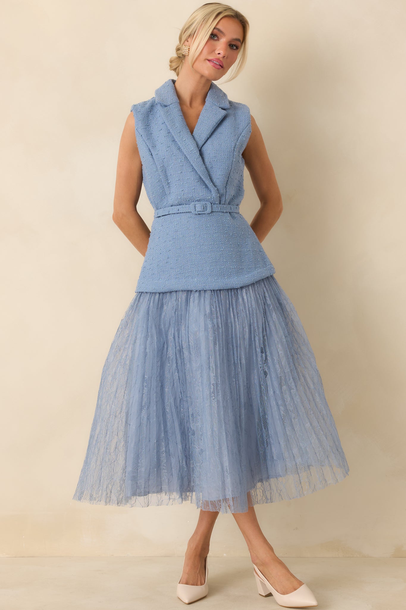 Caught You Smiling Cornflower Blue Textured Woven Belted Lace Midi Dress