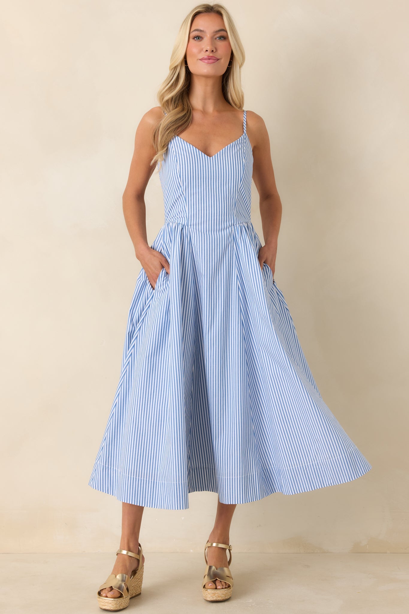 Weekend on the Coast Blue Stripe Sleeveless Midi Dress