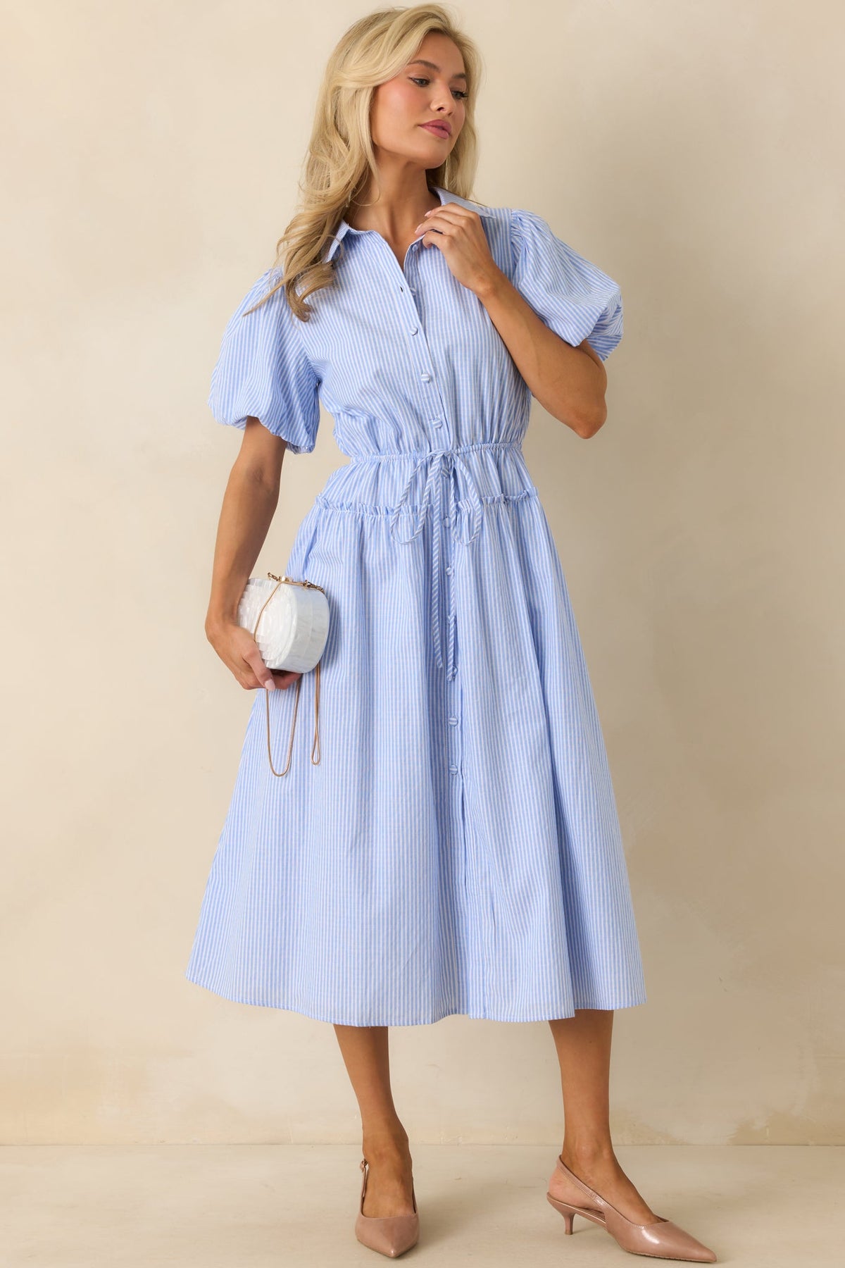 A Twist On Timeless Blue Stripe Rayon Maxi Shirt Dress