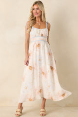 Blooming in Watercolor Ivory Multi Floral Tie Strap Midi Dress