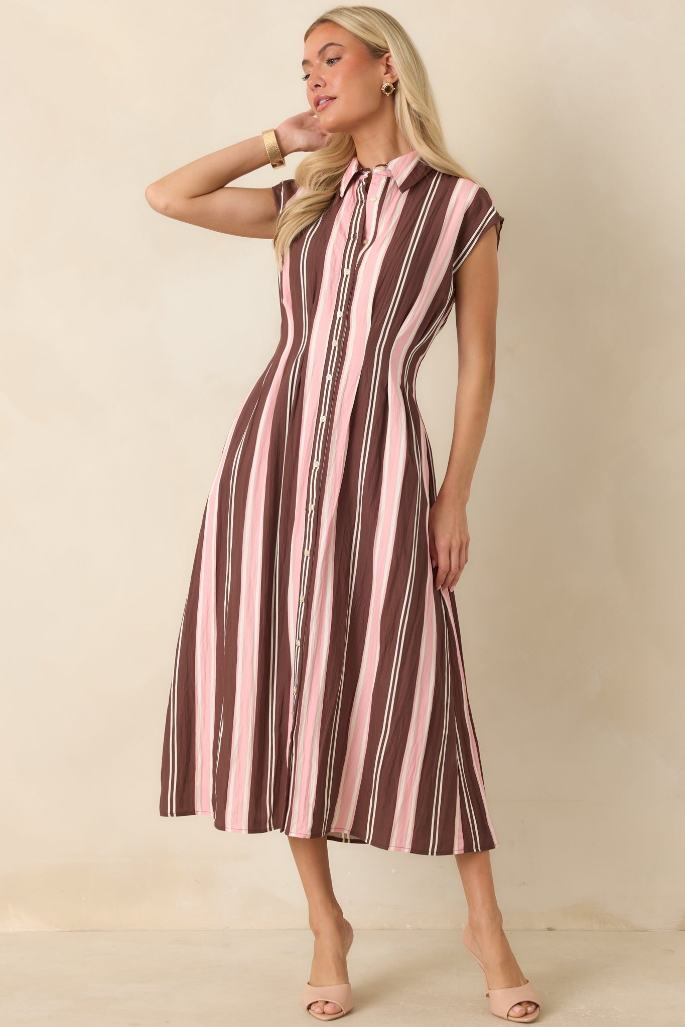 Coffee & Conversation Brown & Pink Stripe Midi Shirt Dress