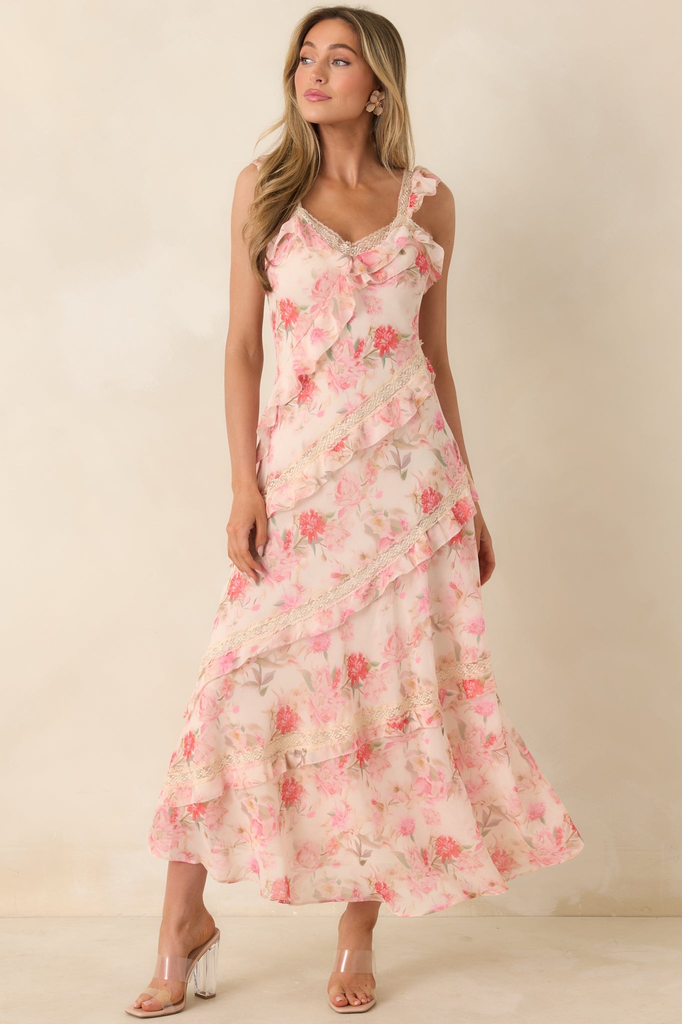 Yours Always Coral Pink Floral Lace & Ruffle Trim Midi Dress