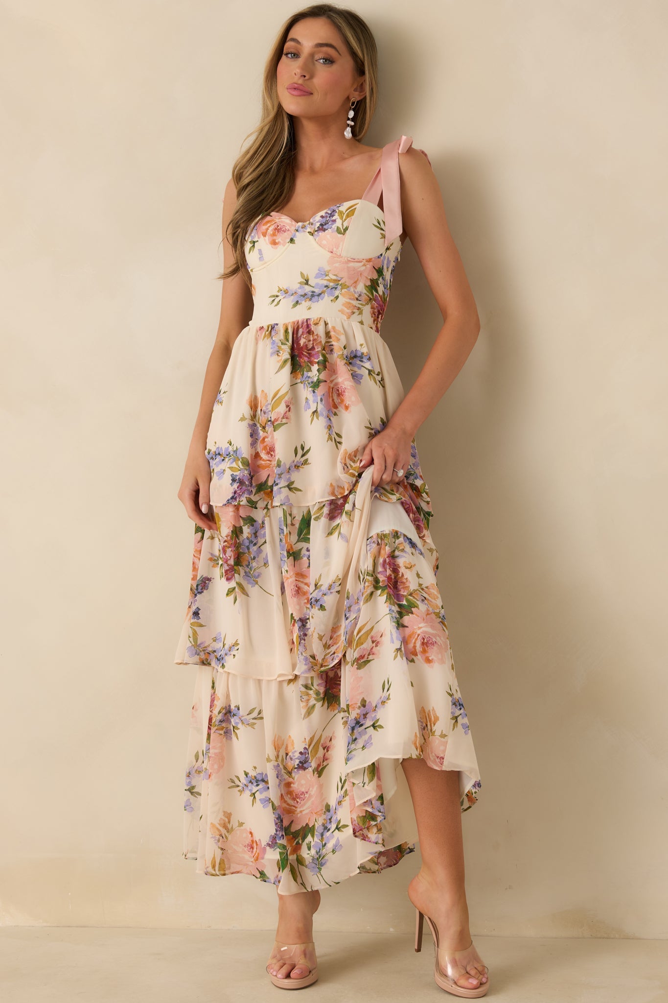 Written in Flowers Blush Pink Multi Floral Tie Strap Maxi Dress