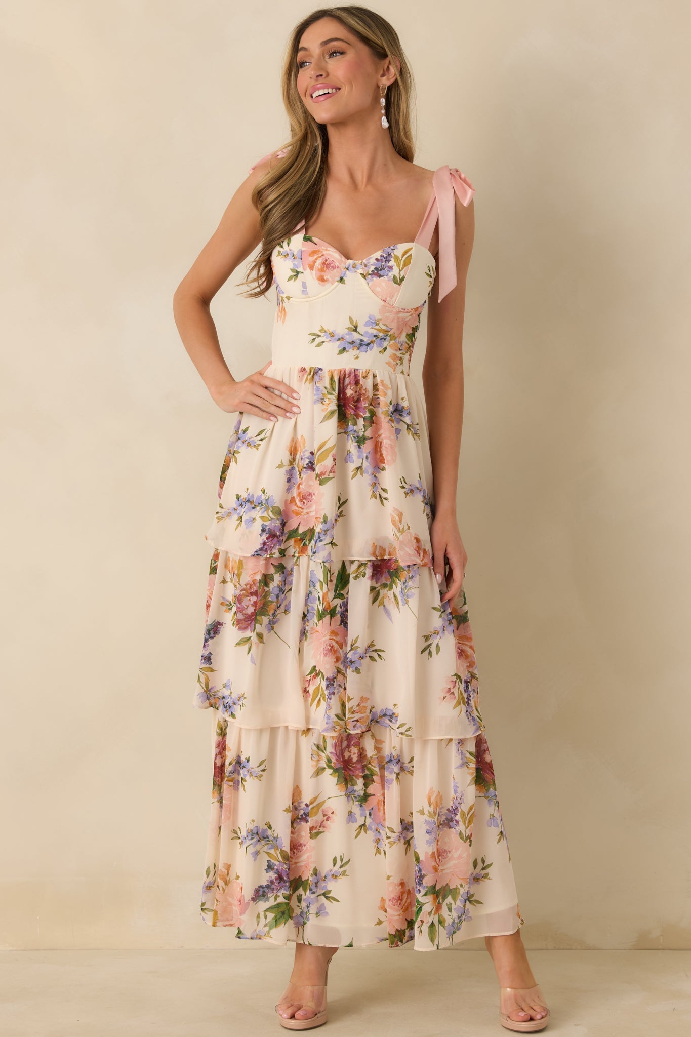 Written in Flowers Blush Pink Multi Floral Tie Strap Maxi Dress