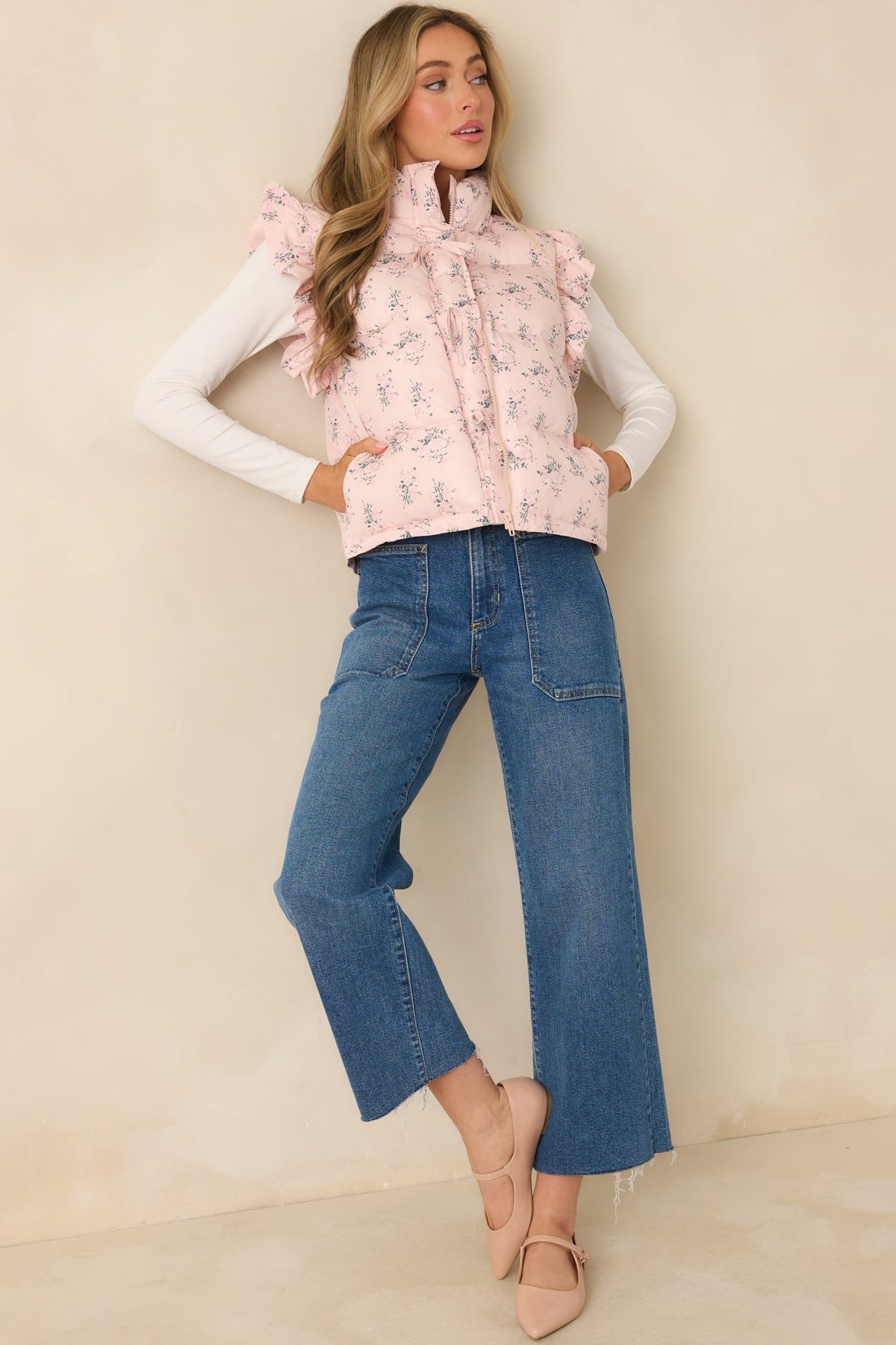 Glad You're Here Blush Pink Multi Floral Pattern Puffer Vest