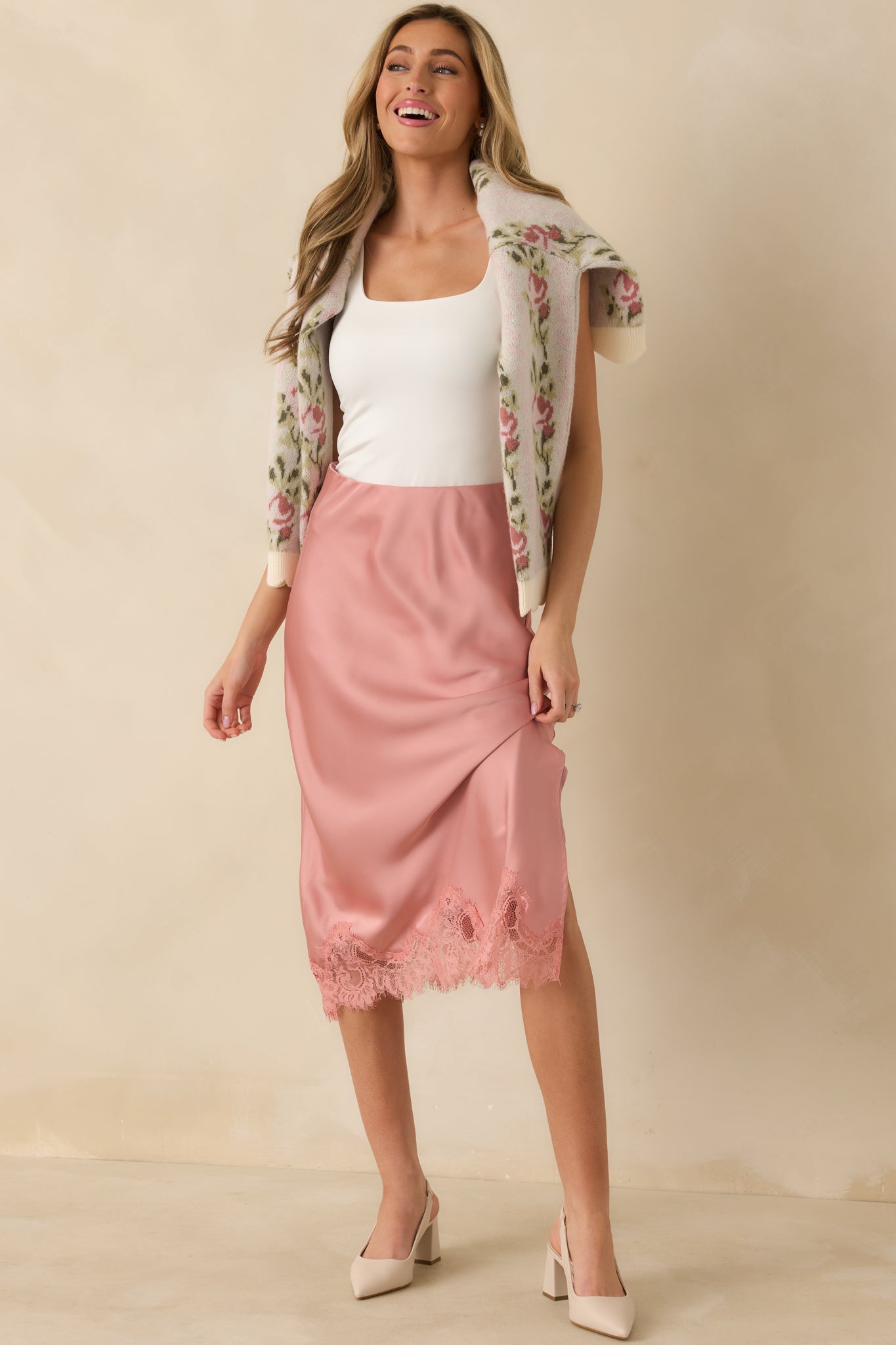 Just Call Me Later Blush Pink Satin Lace Trim Midi Skirt