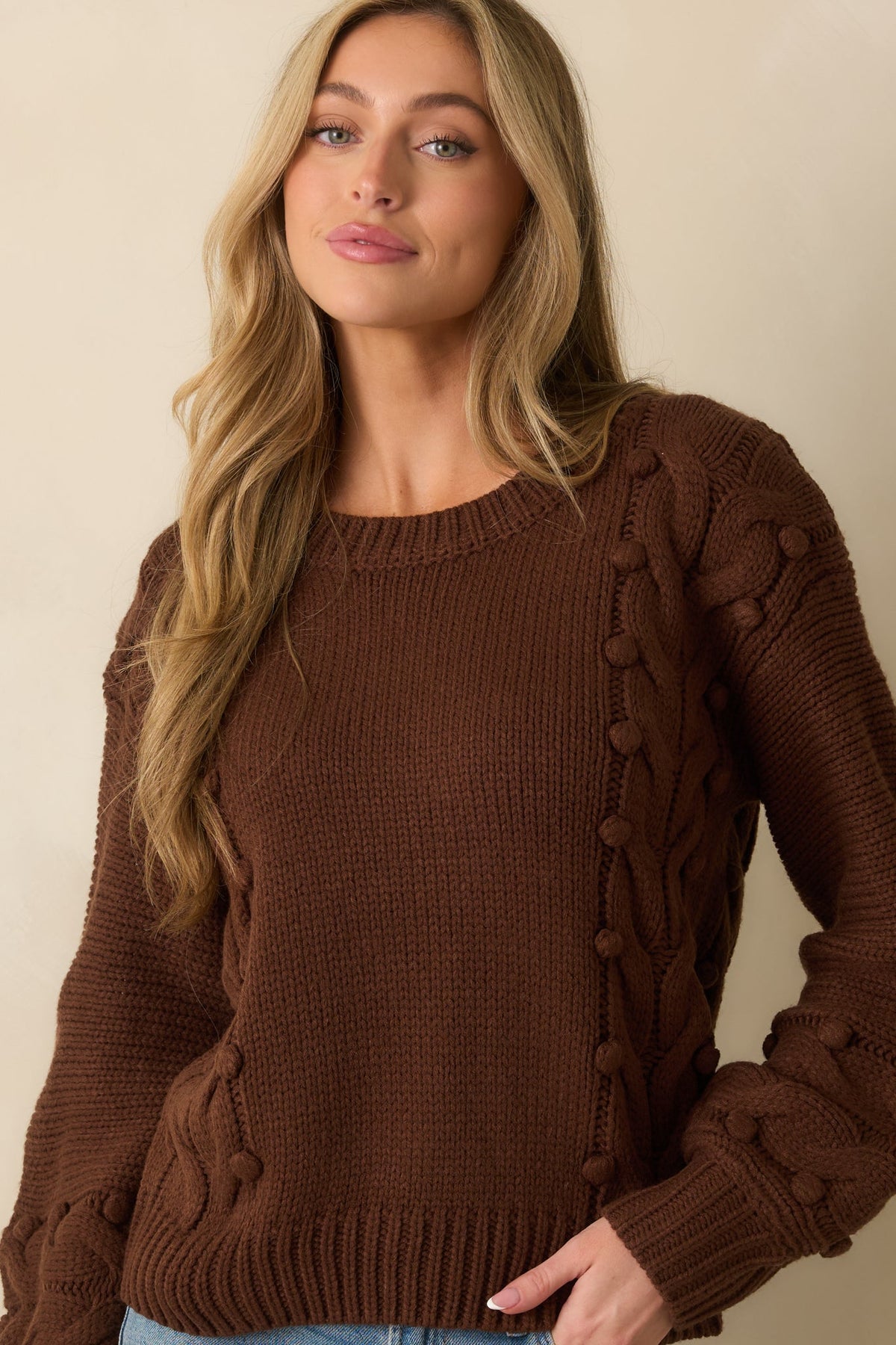 Let's Be Honest Chocolate Brown Cable Knit Long Sleeve Sweater
