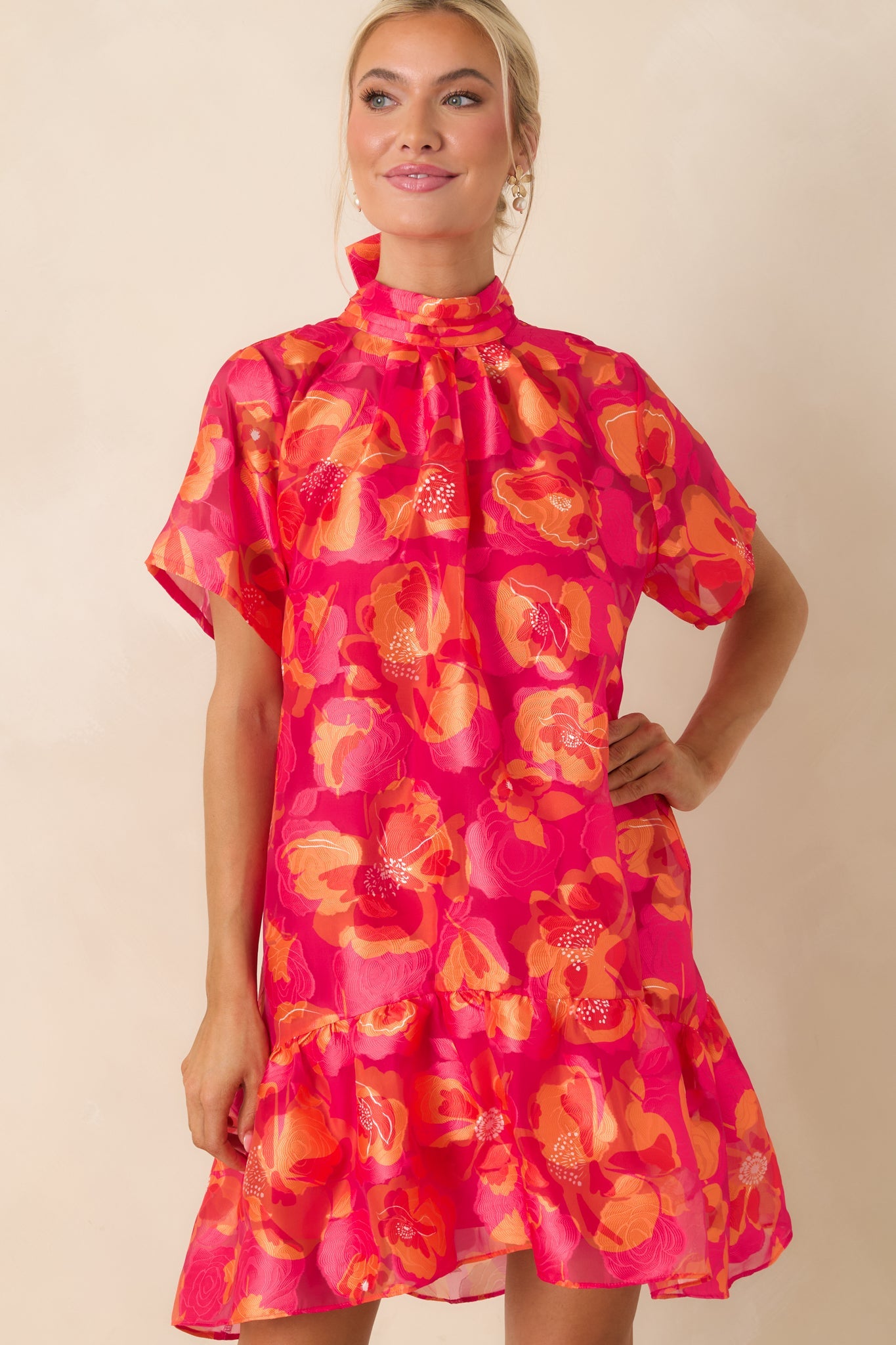 Turn It Up Fuchsia & Orange Floral Tie Back Mini Dress