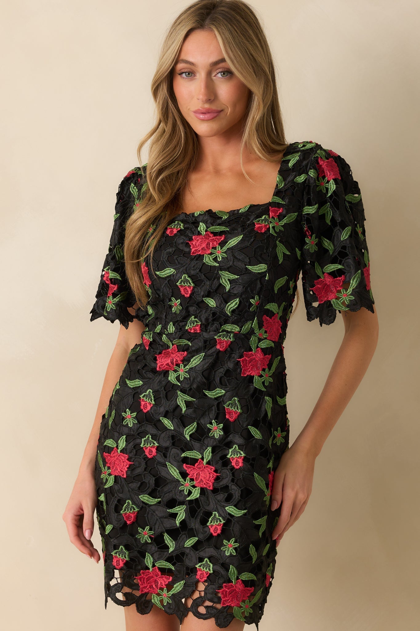 Rosebud Dreams Black Lace Embroidered Mini Dress