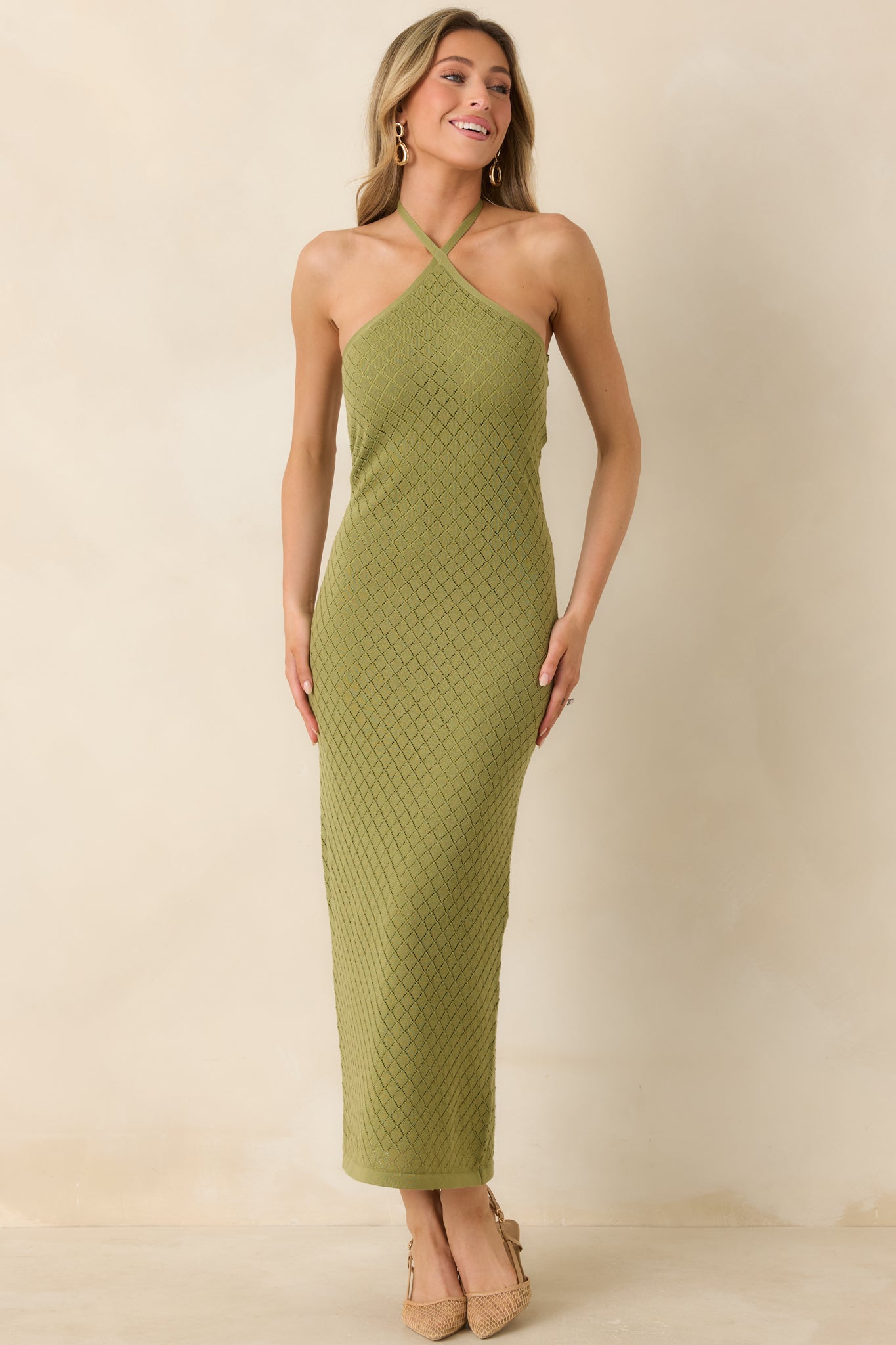 Causing a Heatwave Olive Green Textured Diamond Knit Halter Midi Dress