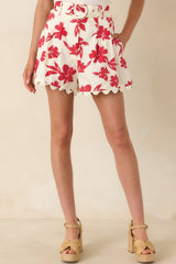 Feeling Fabulous Ivory & Red Floral Cotton High Waisted Shorts