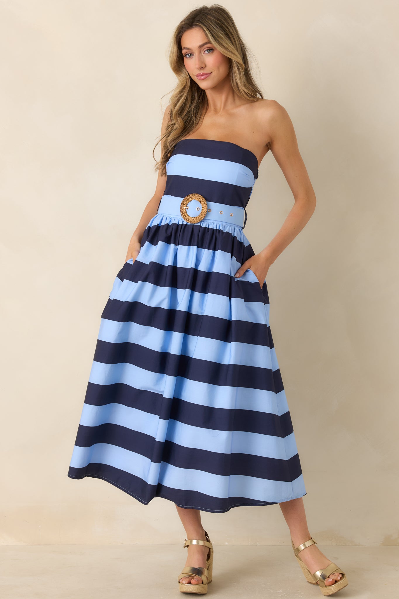 The Amanda Navy & Light Blue Stripe Cotton Strapless Midi Dress
