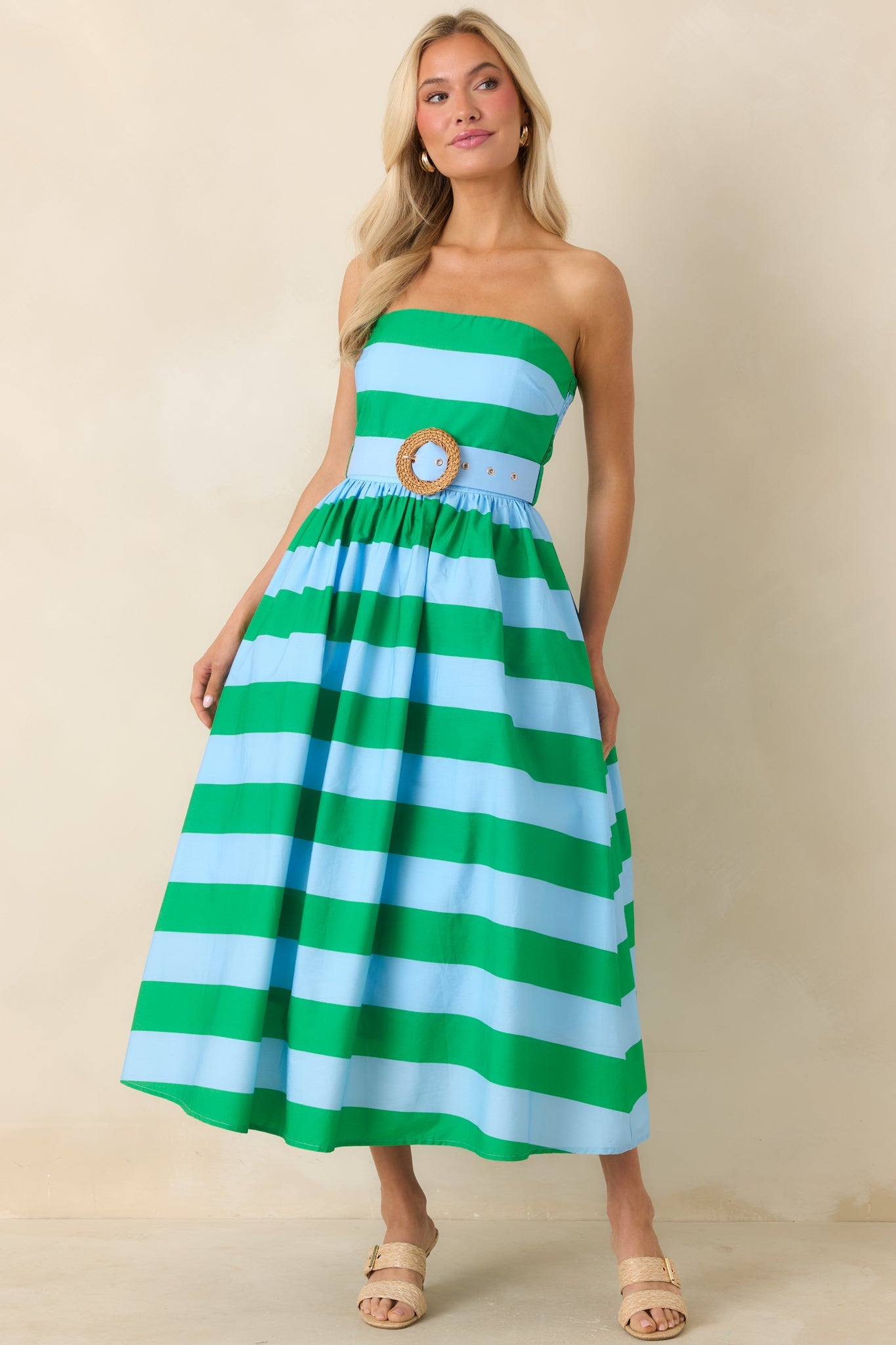 The Amanda Green & Light Blue Stripe Cotton Strapless Midi Dress
