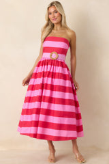 The Amanda Pink & Red Stripe Cotton Strapless Midi Dress