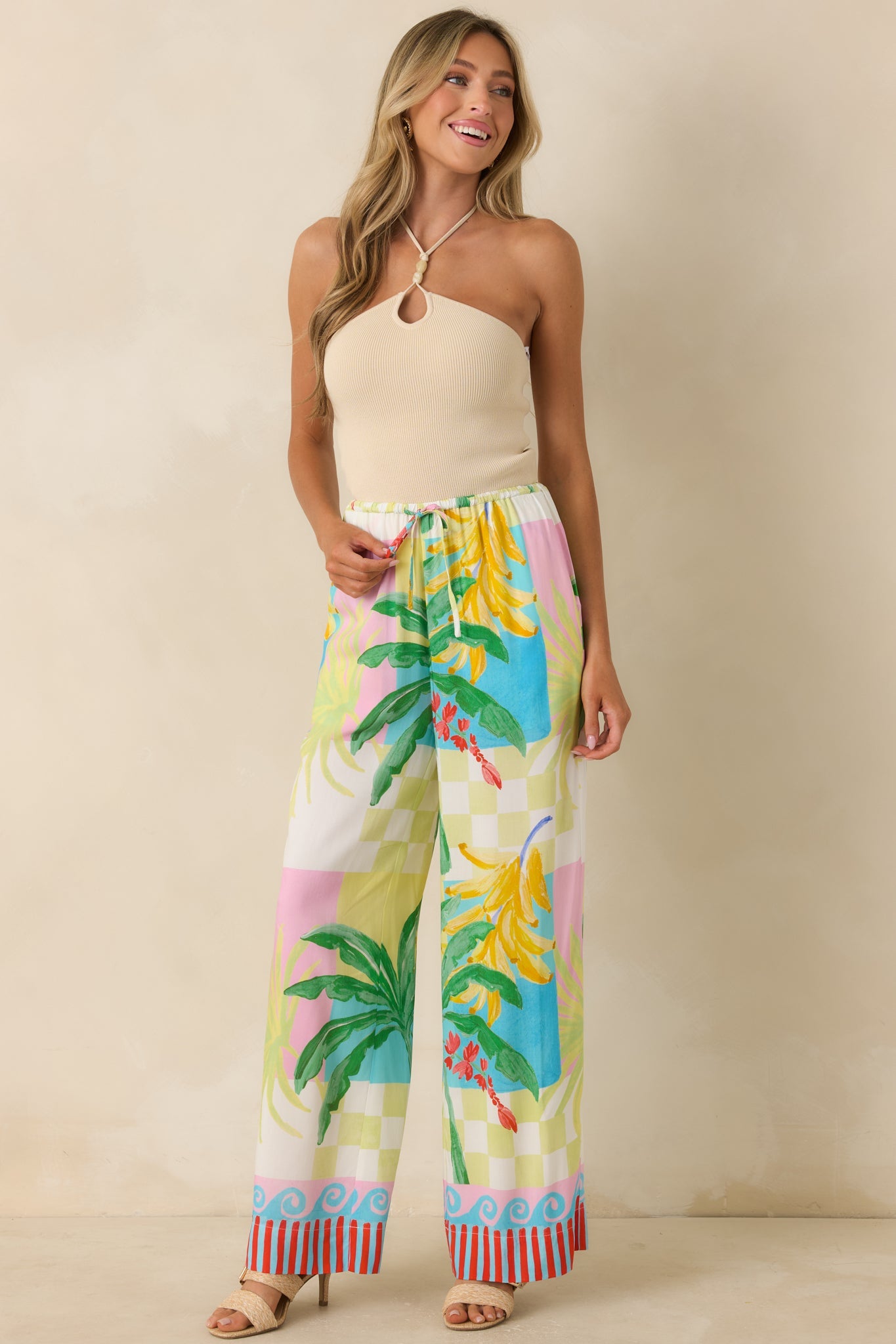 MINKPINK Palmira Multi Vacation Palms Print Drawstring Pants