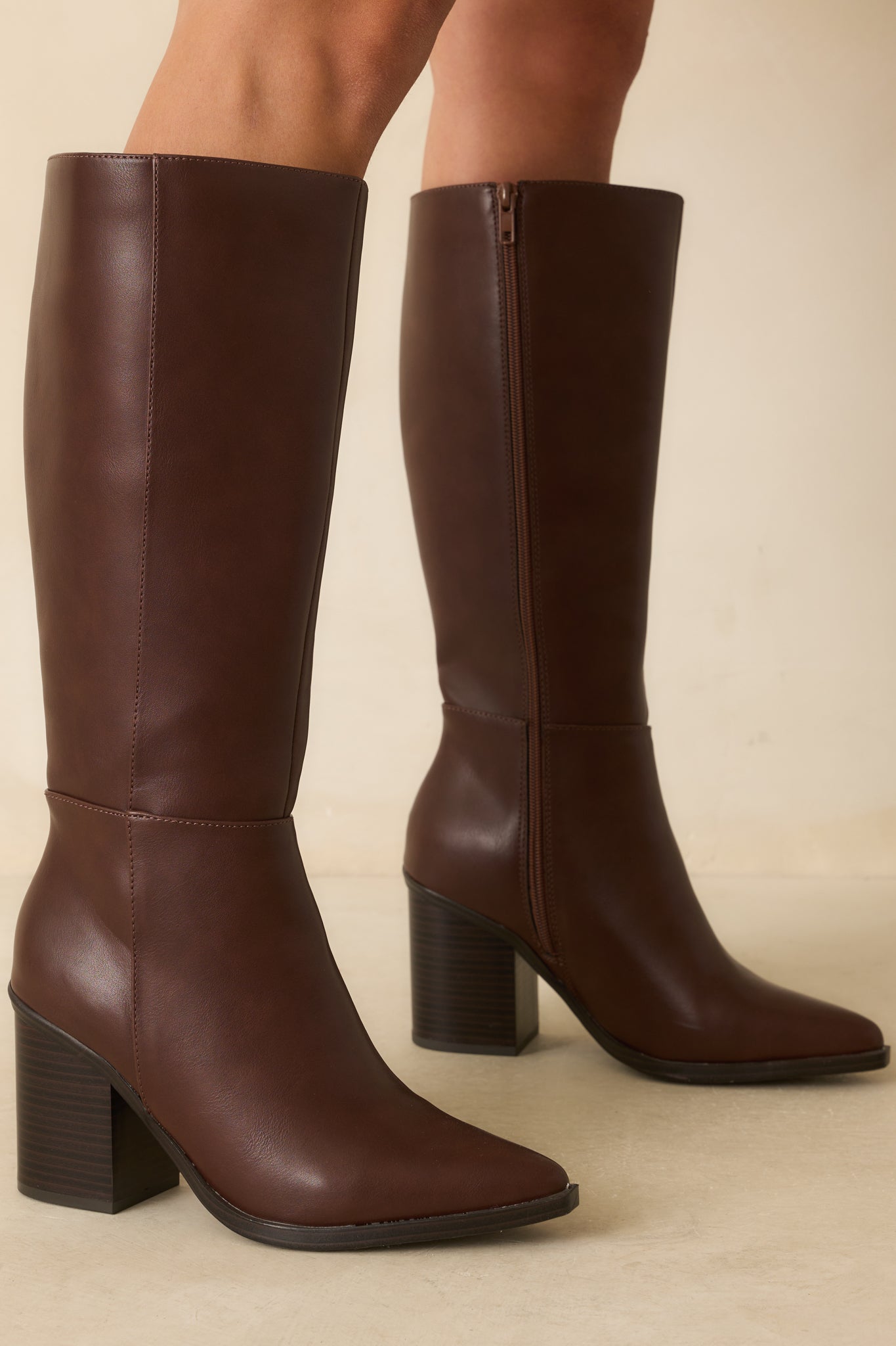 On The Right Foot Chocolate Brown Faux Leather Knee High Boots