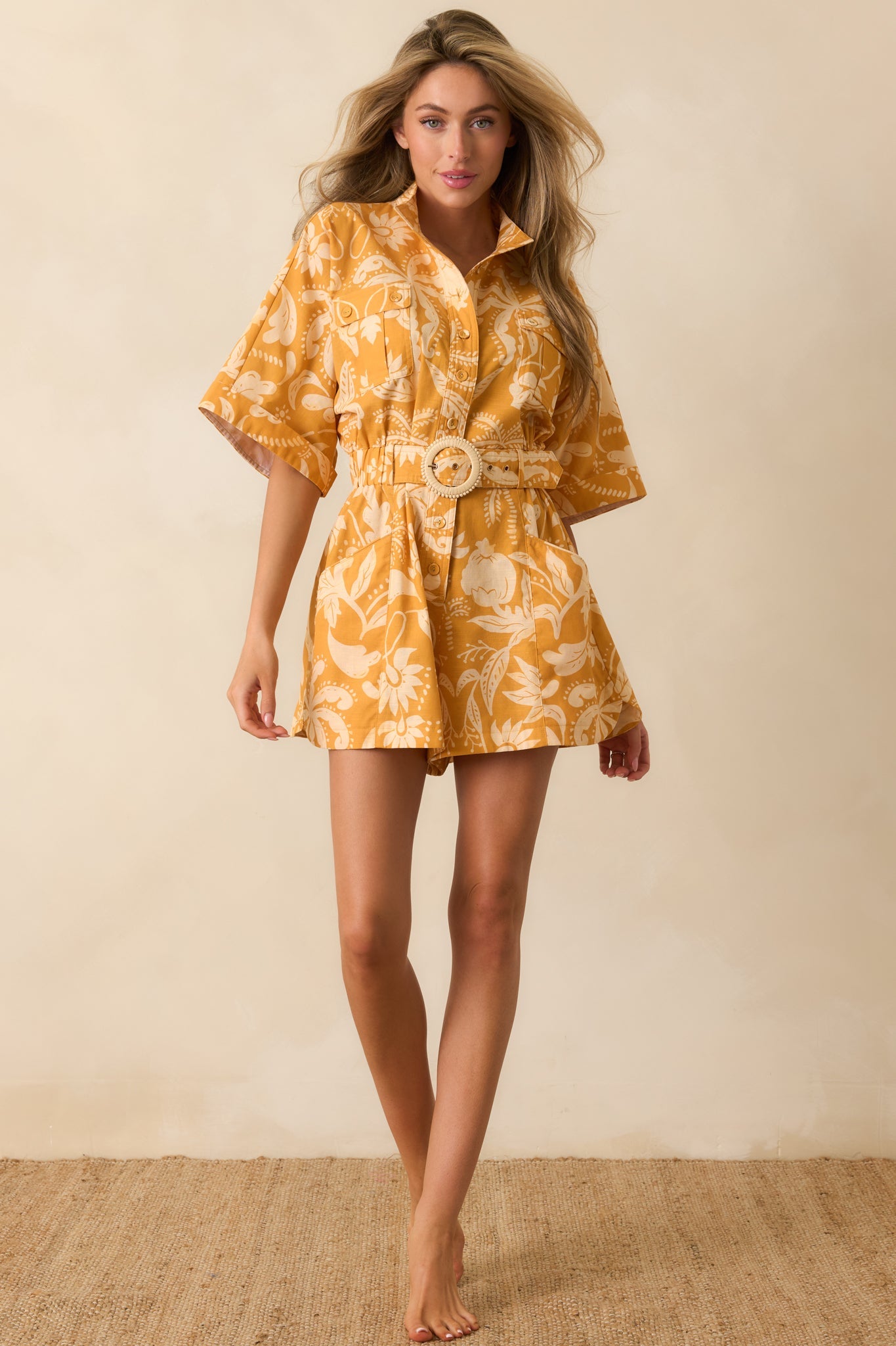 Paradisa Key Largo Marigold Tropical Damask Linen Blend Romper