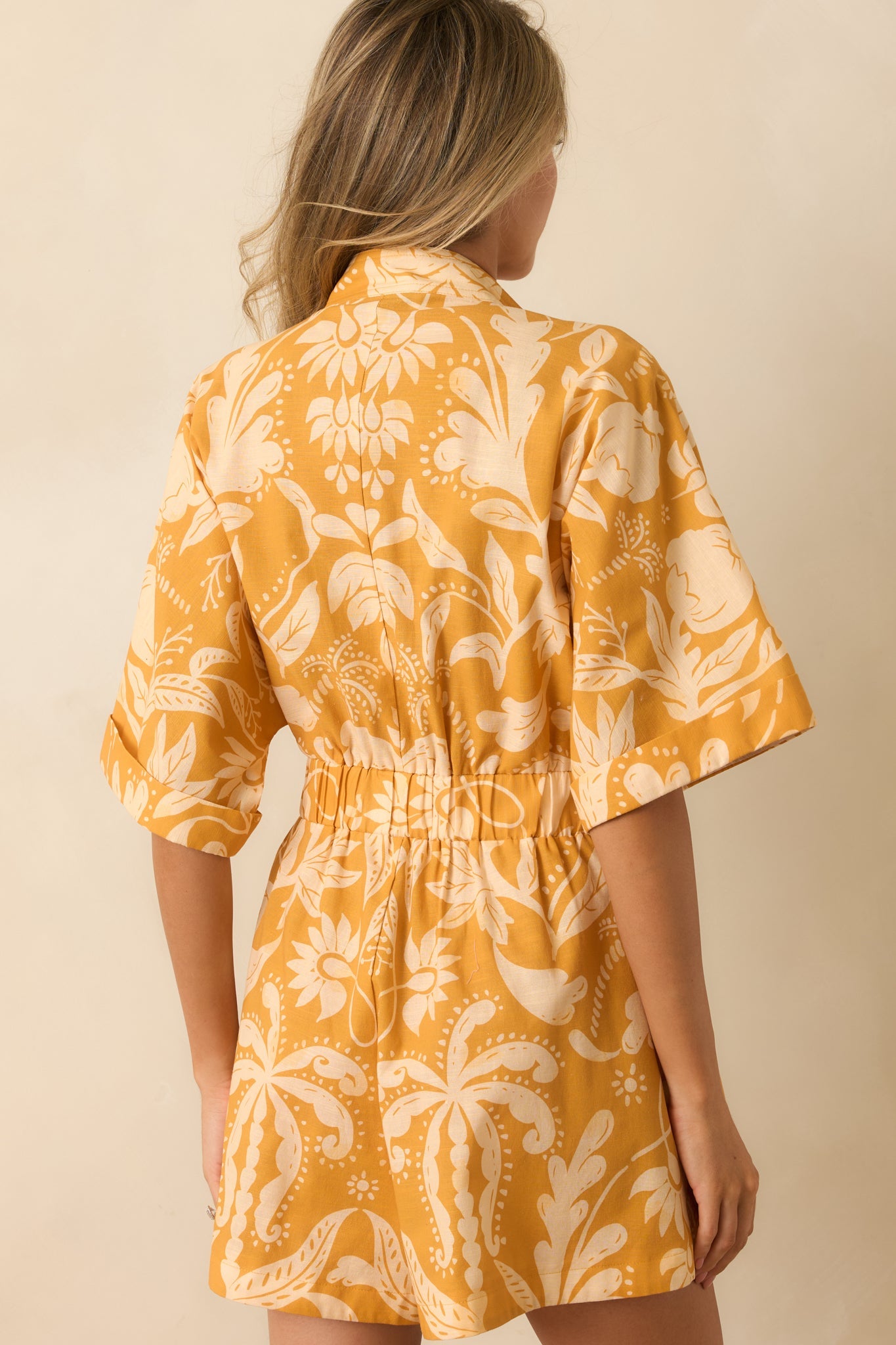 Paradisa Key Largo Marigold Tropical Damask Linen Blend Romper