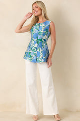 She Means Blooming Business Blue Floral Jacquard Sleeveless Top