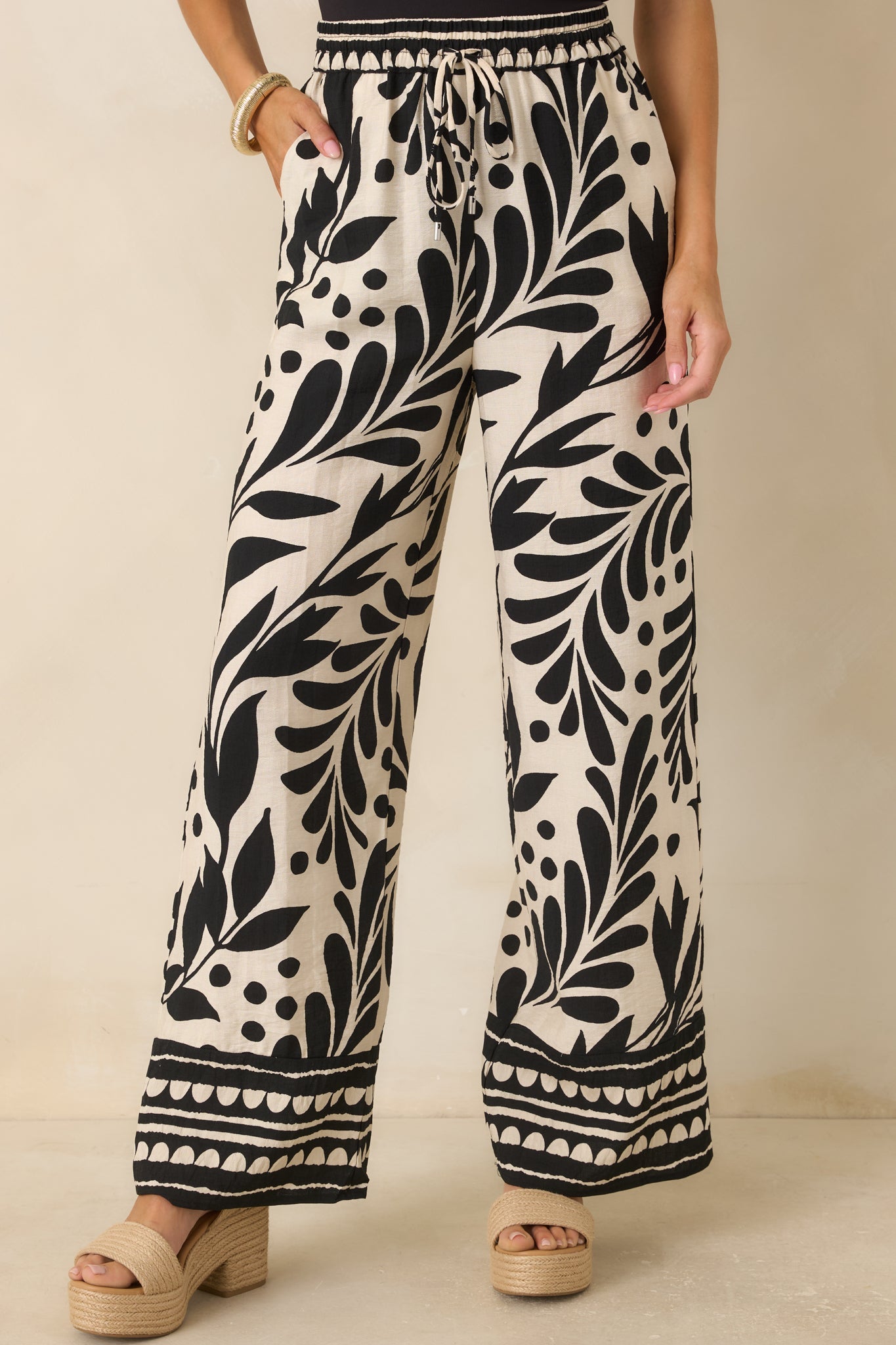 Palma Nights Black & Natural Botanical Print Wide Leg Pants