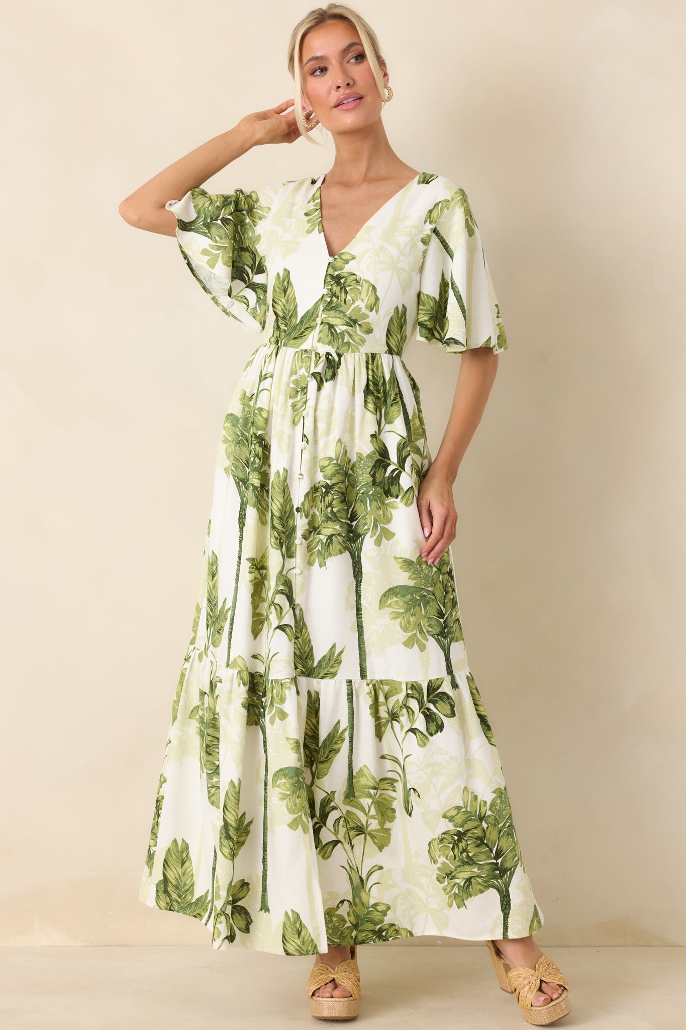 Under Swaying Palms Ivory & Green Tropical Flutter Maxi Dress