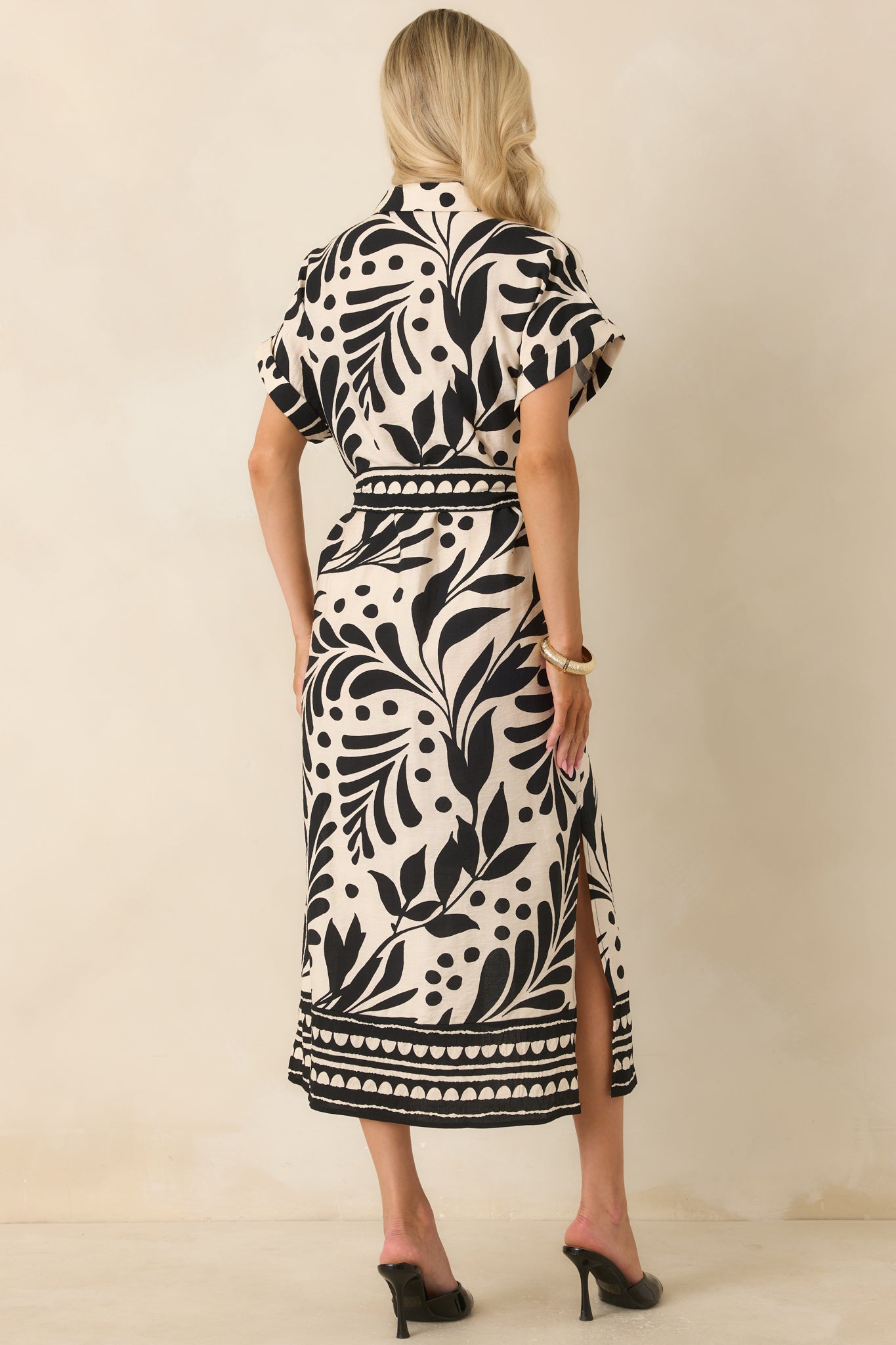 Riviera Evenings Black & Natural Botanical Print Midi Dress