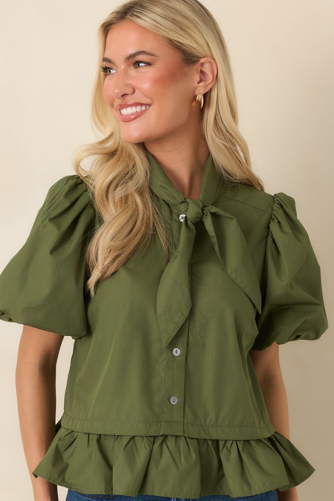 Signature Style Moss Green Tie Neck Peplum Blouse