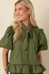 Signature Style Moss Green Tie Neck Peplum Blouse