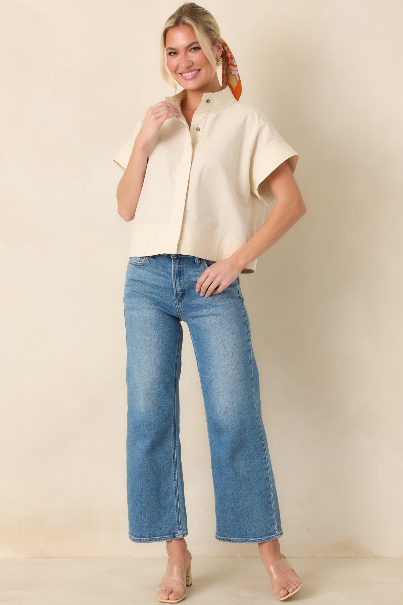 Pretty In Power Natural Cotton Linen Button-Front Mock Neck Top