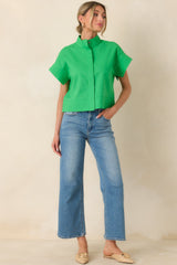 Pretty In Power Green Cotton Linen Button-Front Mock Neck Top