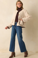 One More Thing Ivory Sherpa Fleece Contrast Trim Button Front Jacket