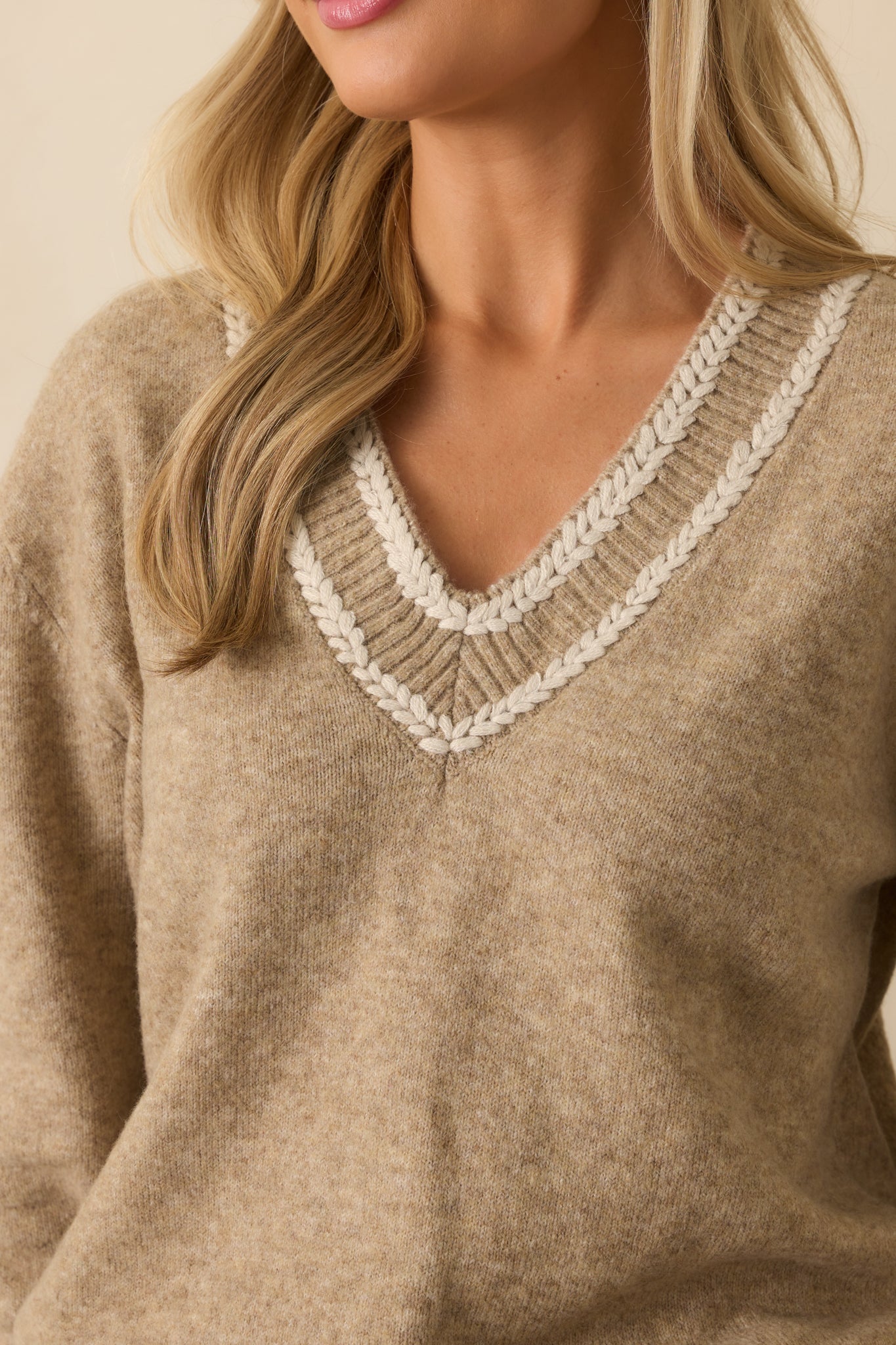 Let's Be Real About It Tan Ribbed Knit V-Neck Sweater