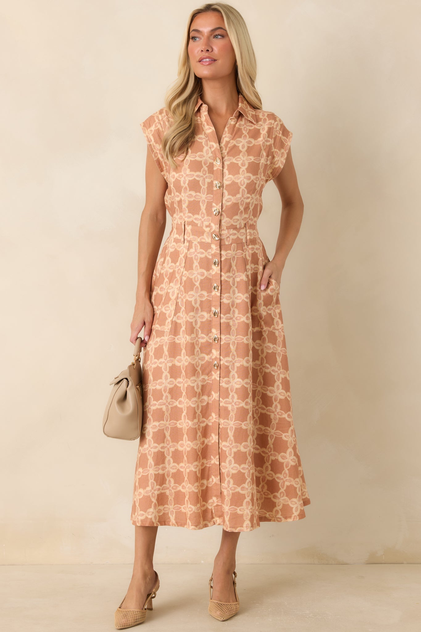 The Next Chapter Tan & Ivory Printed Midi Dress