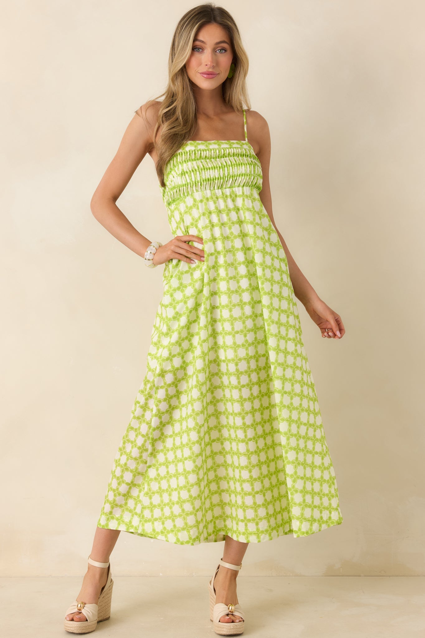 On the Bright Path Chartreuse Green Printed Cotton Midi Dress