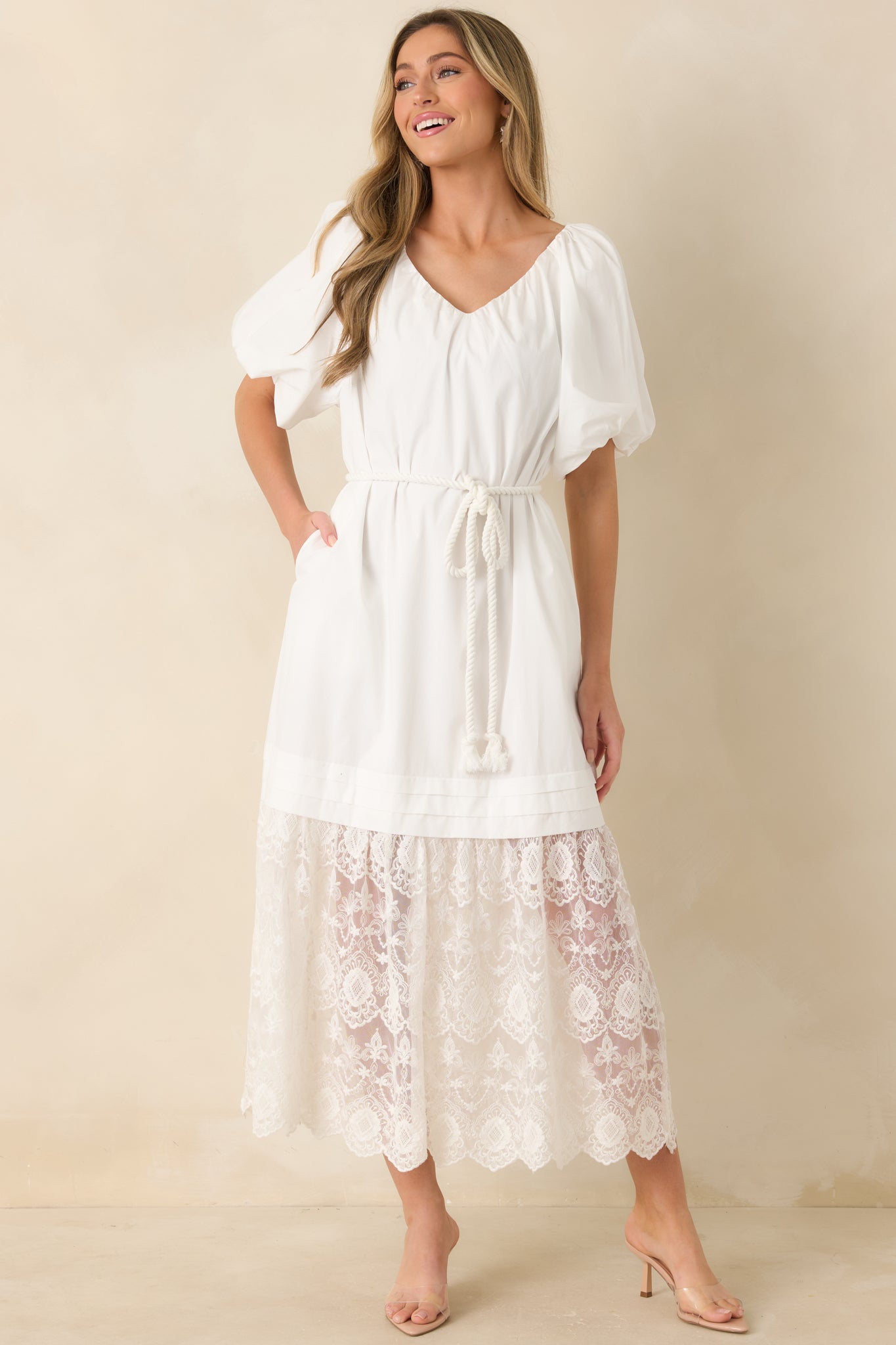 Je T'aime Toujours White Cotton & Gathered Lace Maxi Dress