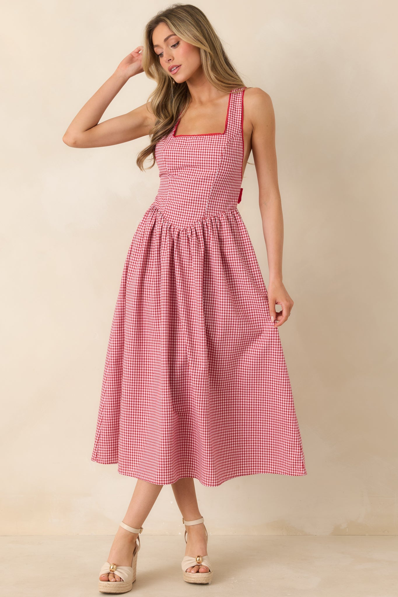 Just Because I Can Red Gingham Open Back Tie Maxi Dress