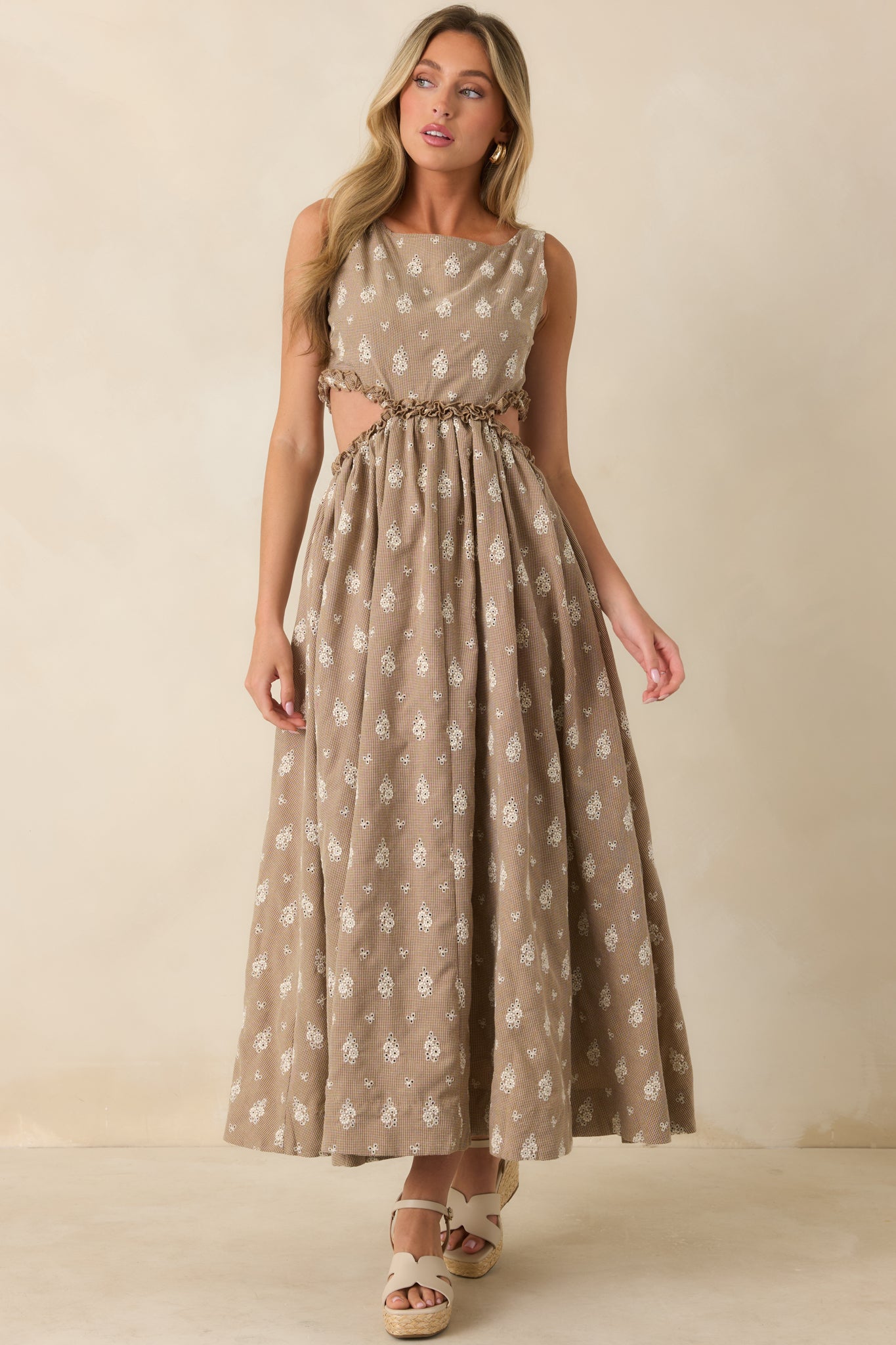 FRNCH Stellaria Brown Cotton Floral Eyelet Cut-Out Maxi Dress