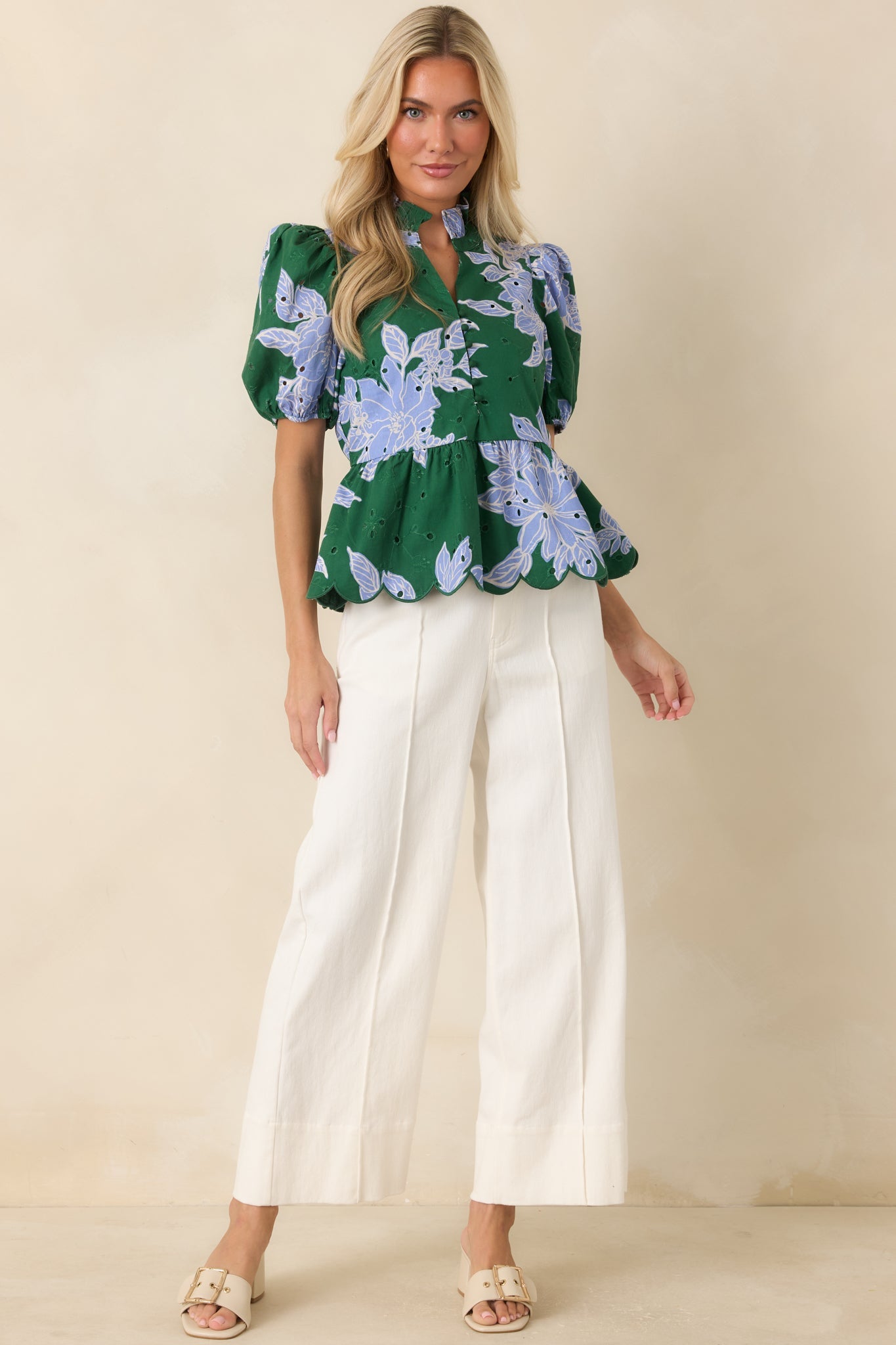 The Garden's Calling Green & Blue Floral Cotton Eyelet Top