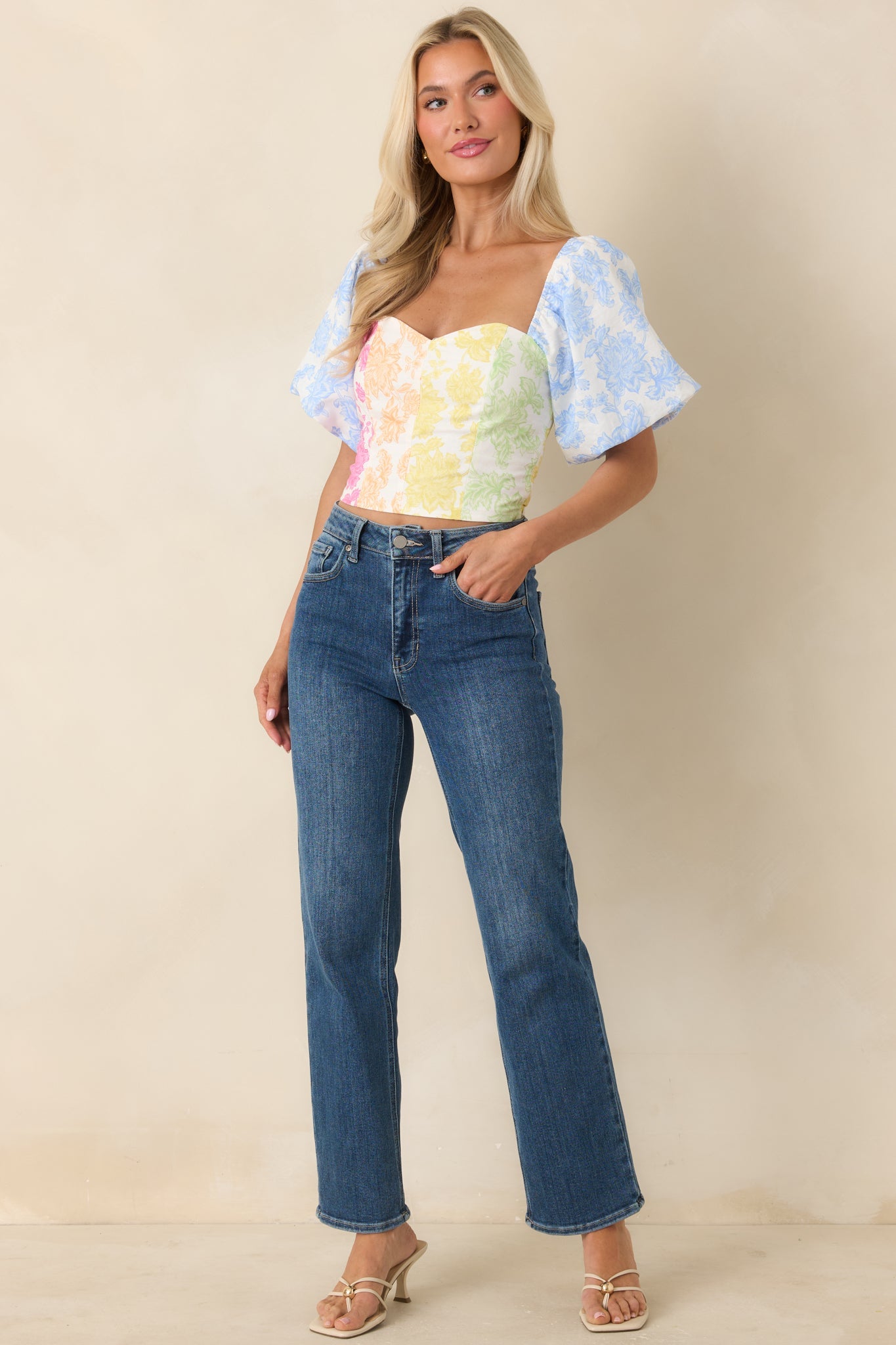 She's a Rainbow Multi Floral Cotton Linen Cropped Top