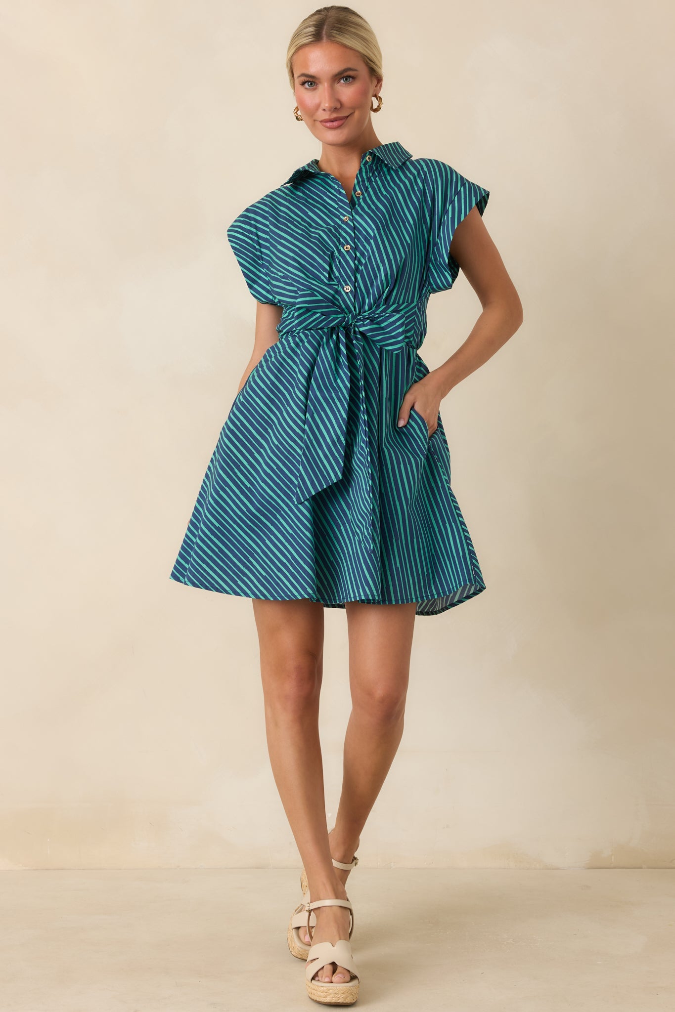Blurred Lines Teal Stripe Tie Waist Mini Dress
