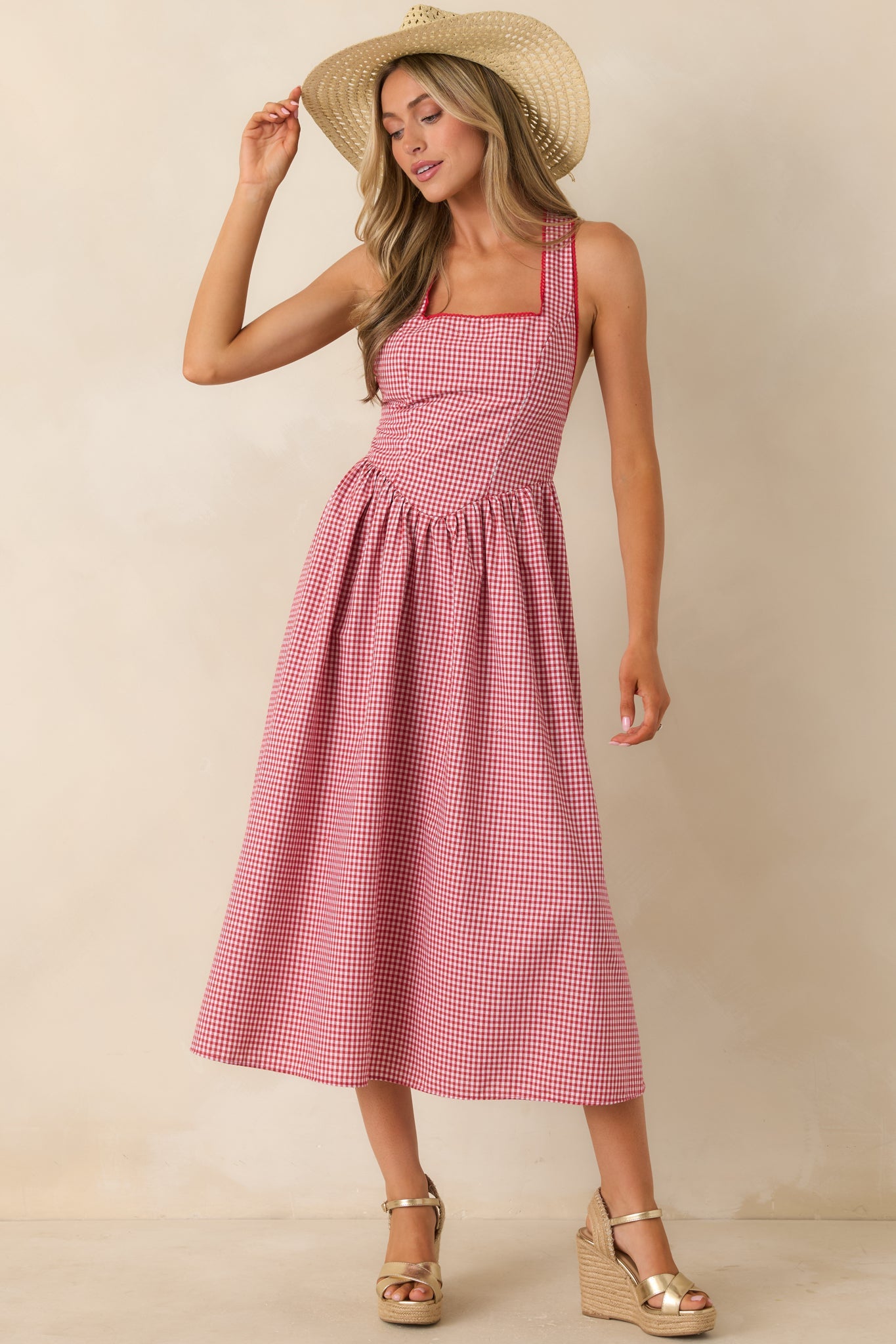 Just Because I Can Red Gingham Open Back Tie Maxi Dress