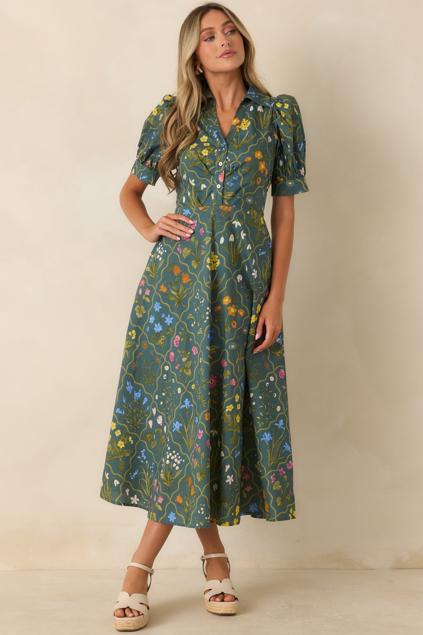 Hidden Garden Hunter Green Multi Floral Cotton Midi Dress