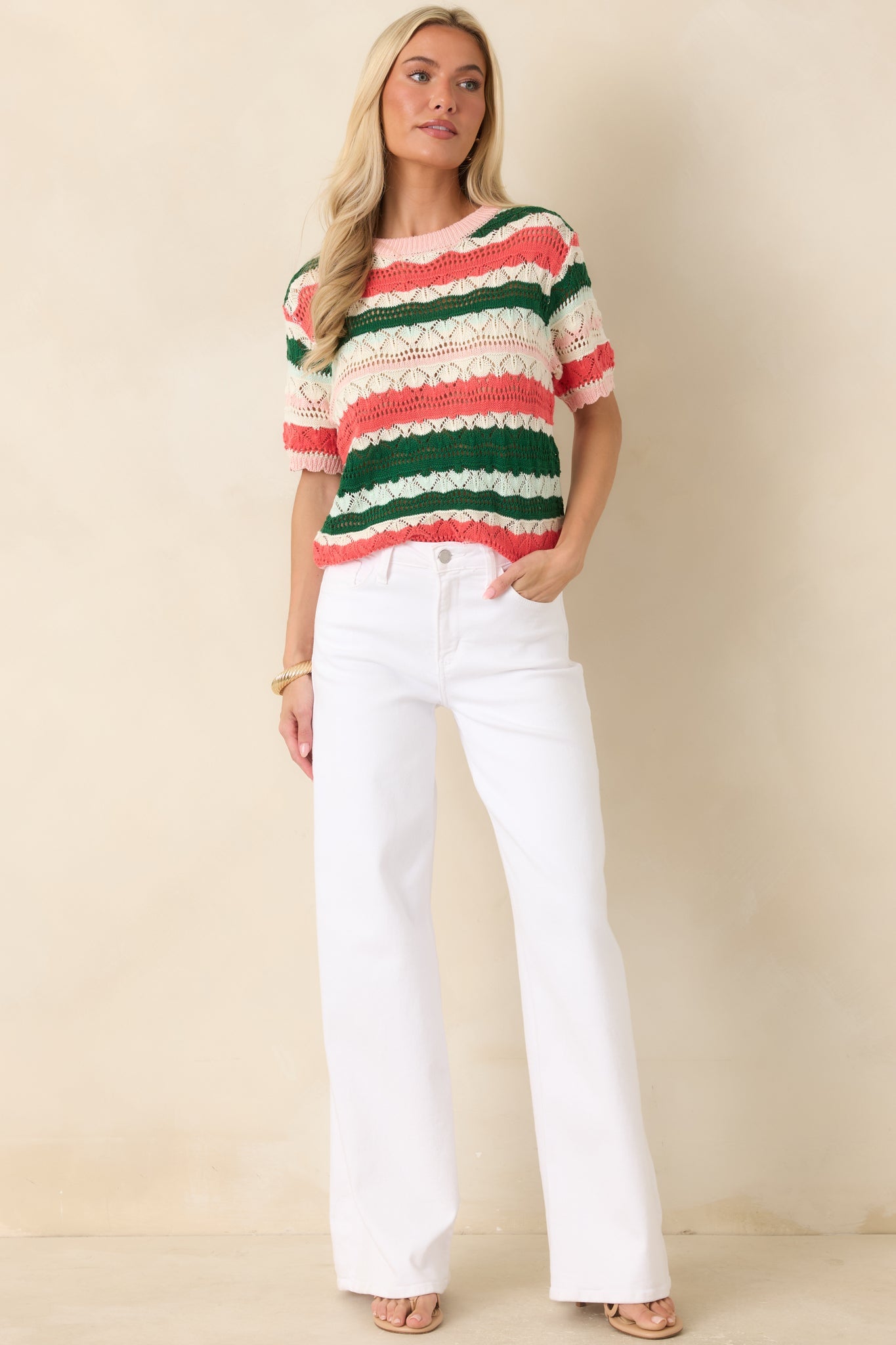 FRNCH Gelsomina Green & Coral Stripe Knit Sweater