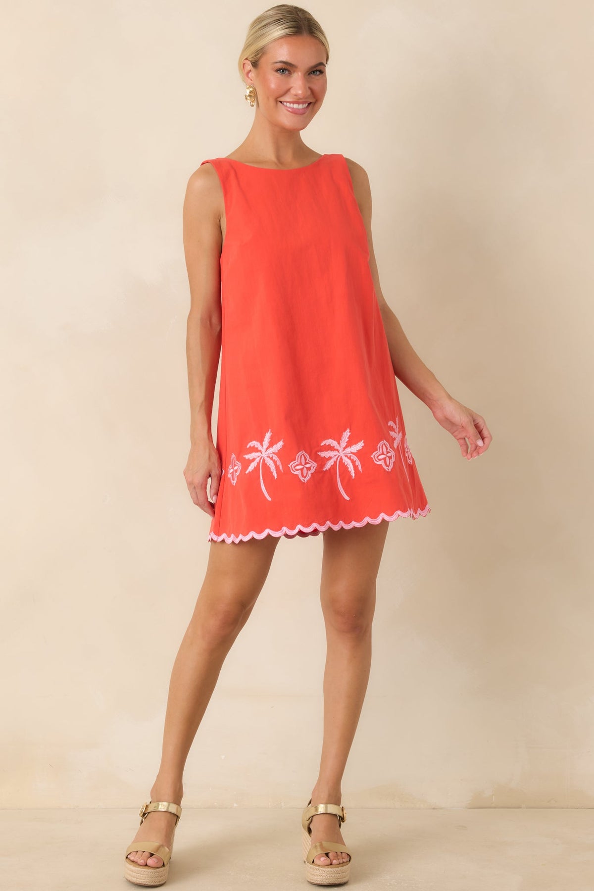 MINKPINK Amaya Coral Red & Pink Cotton Embroidered Mini Dress