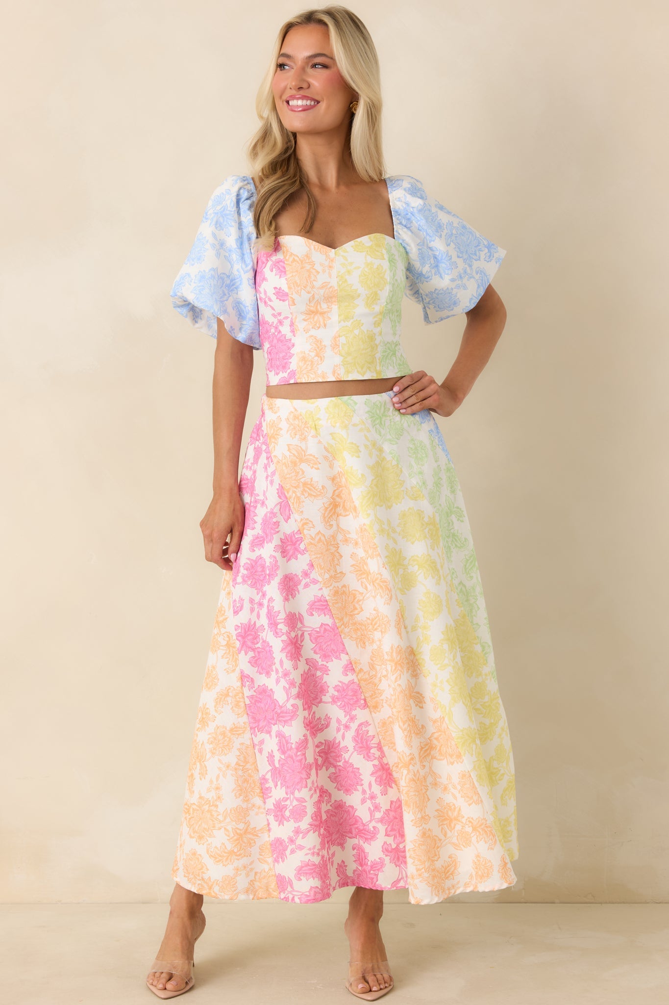 She's a Rainbow Multi Floral Cotton Linen Midi Skirt