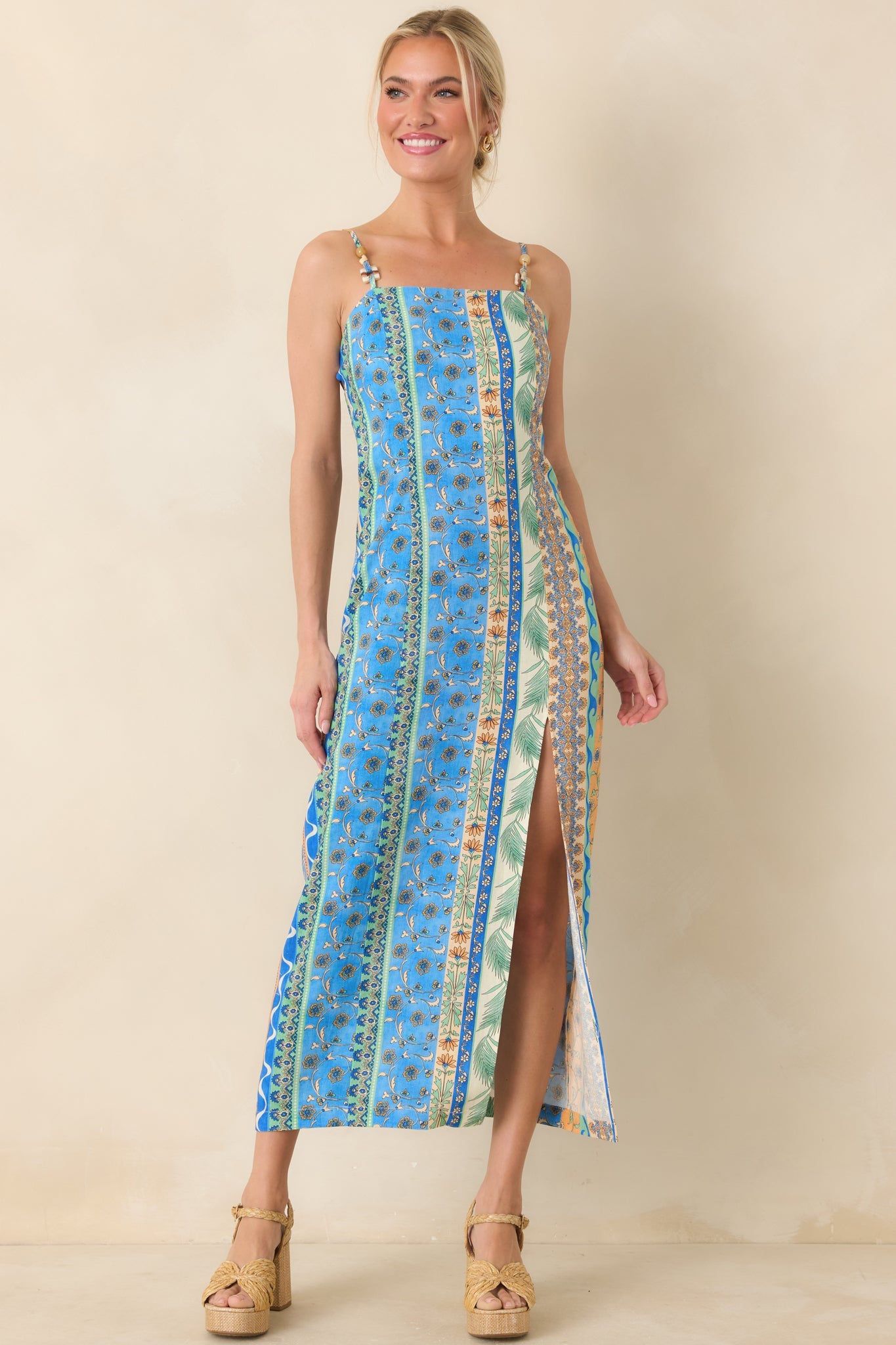 Sipping Under the Palms Blue Multi Tropical Print Bead Detail Midi Dress