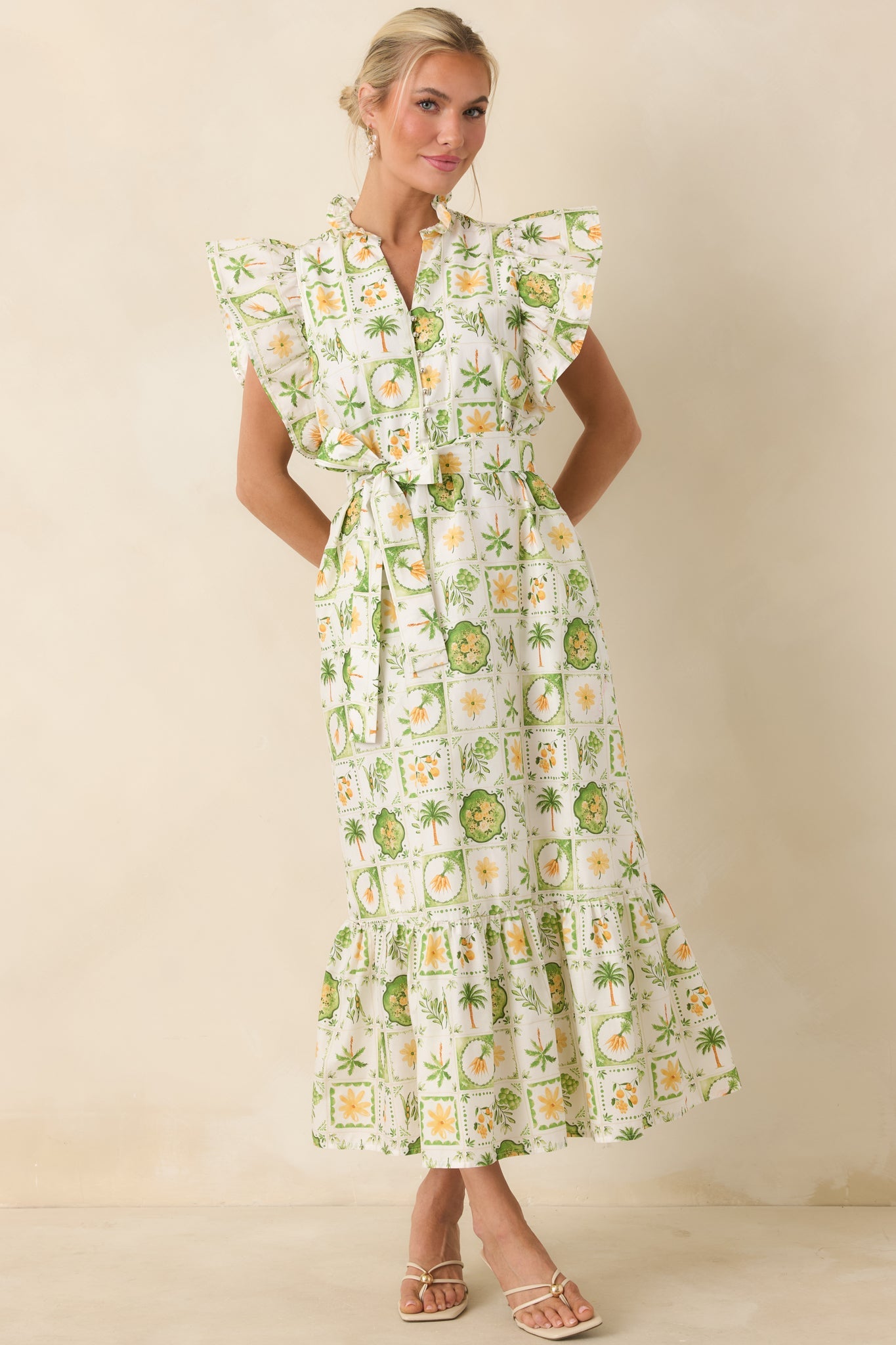 Somewhere Sunny Green Multi Cotton Ruffle Maxi Dress
