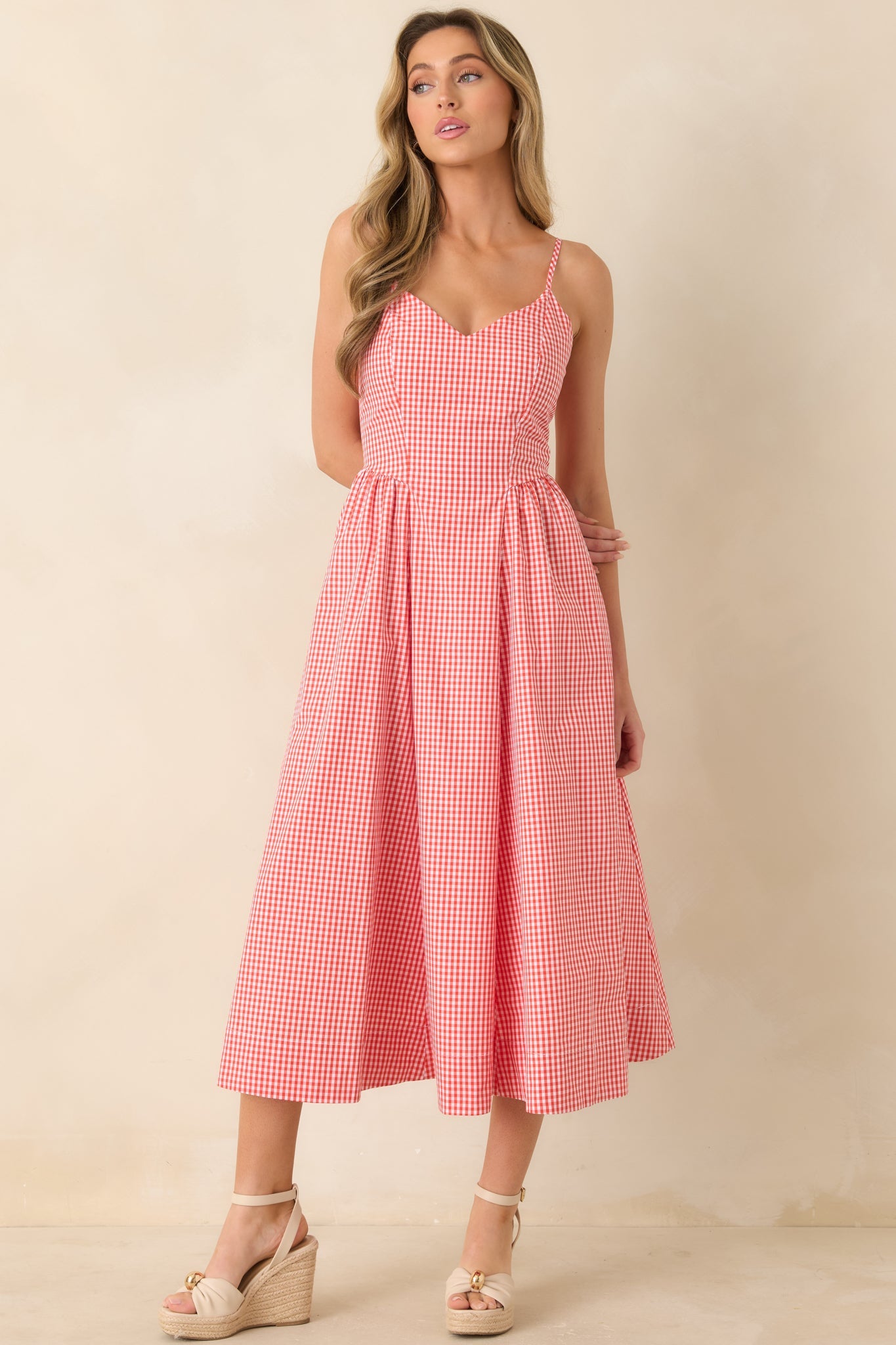 Weekend on the Coast Poppy Red Gingham Sleeveless Midi Dress