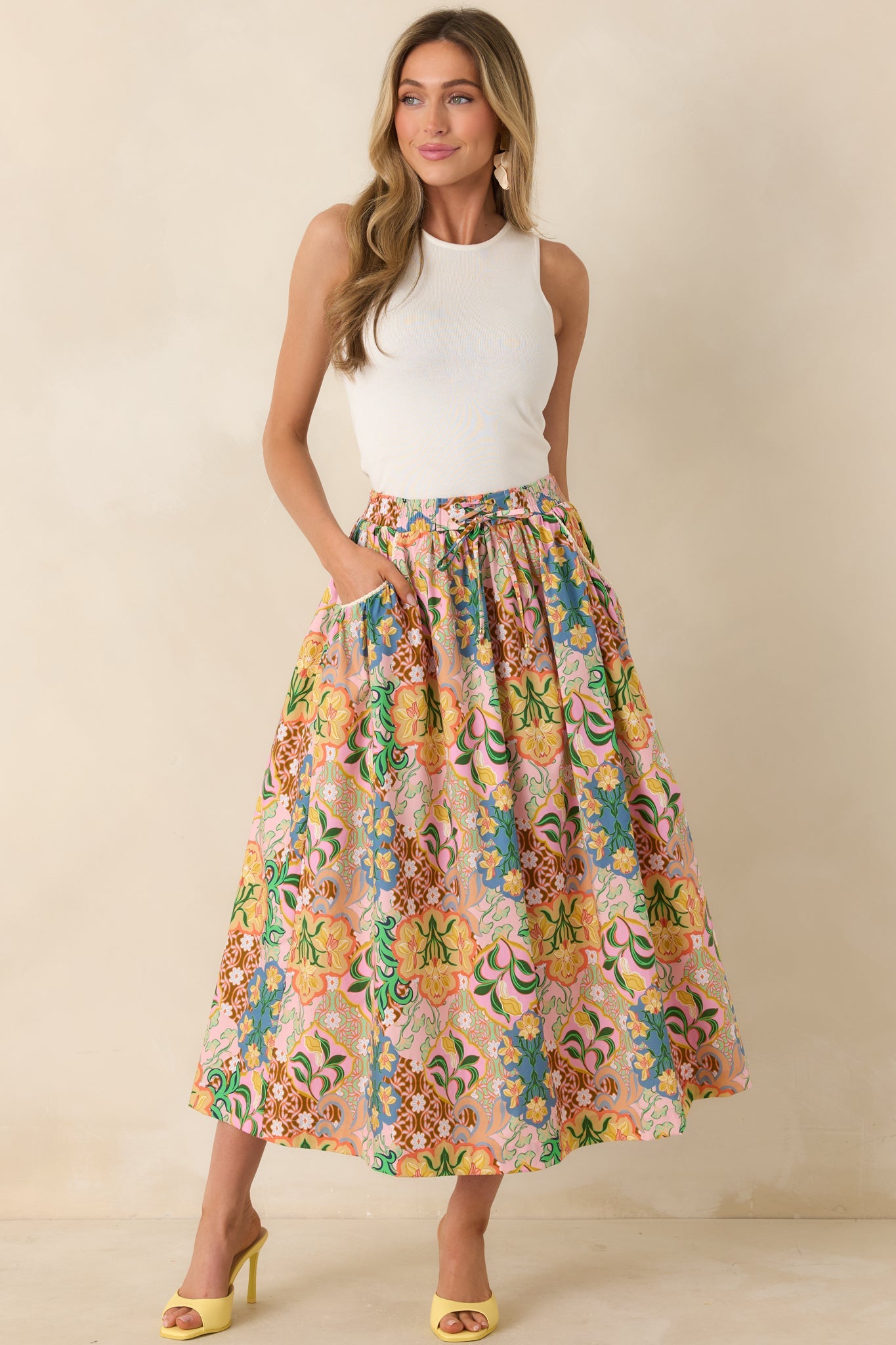 Find Me in Florence Pink Multi Floral Cotton Tie-Front Midi Skirt